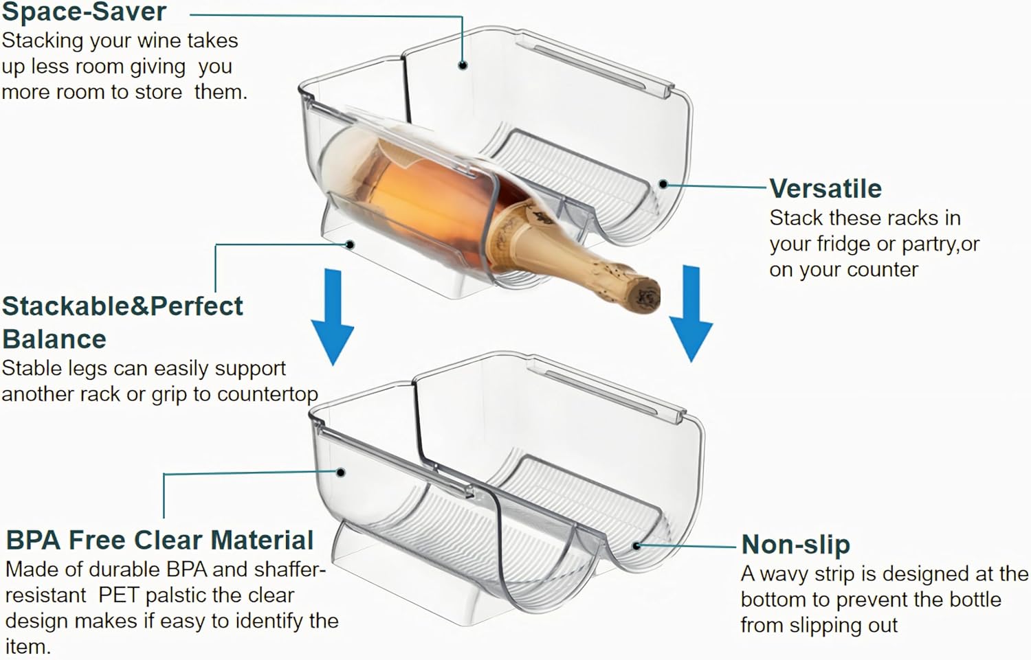 Water Bottle Organizer for Cabinet, Wine Bottle Rack Holder, 2 Tier Stackable Water Bottle Storage Rack and Drink Organizer Stand for Refrigerator, Kitchen