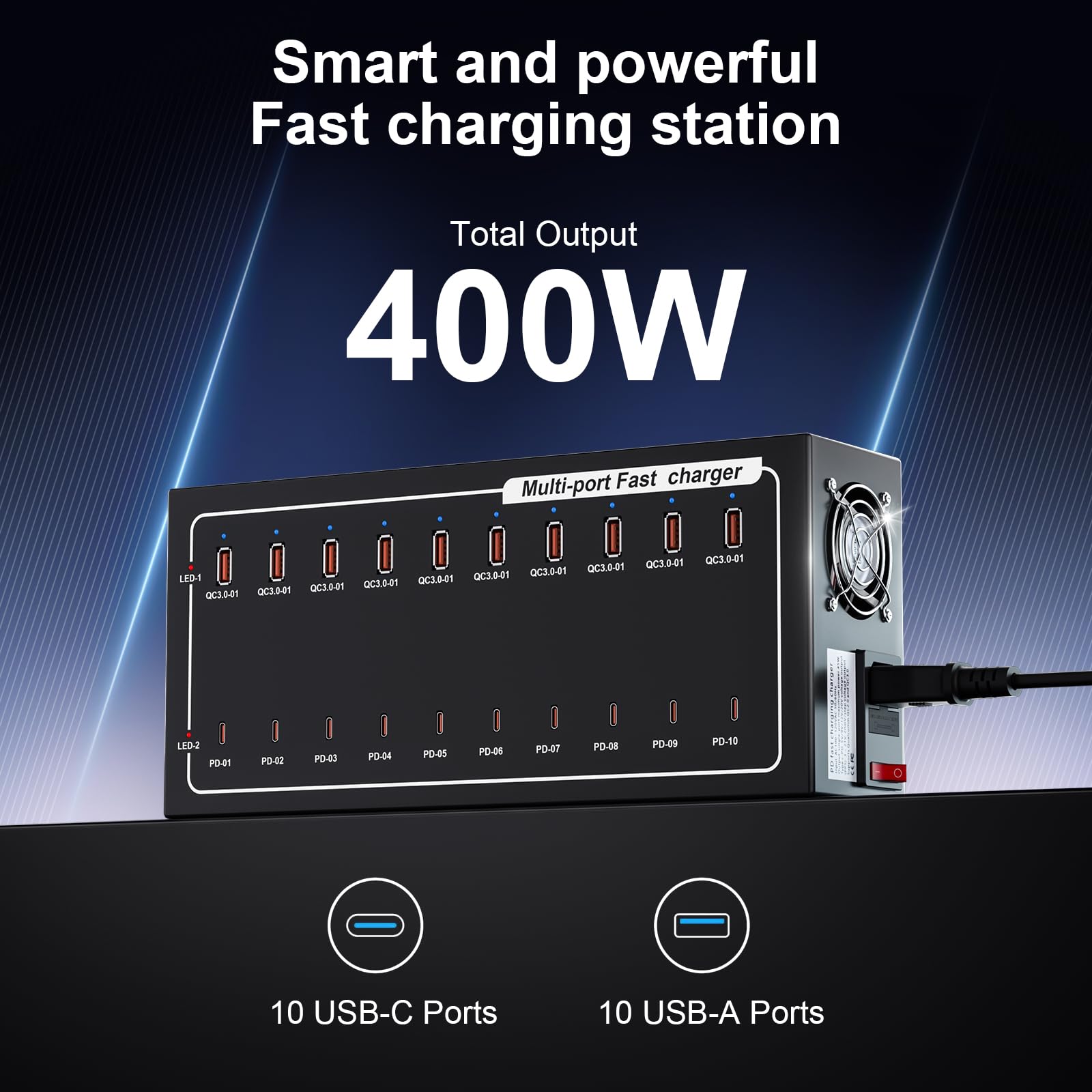 Estación de carga USB de 400 W, 20 puertos (10 USB C + 10 USB A) estación de carga rápida, protección inteligente, soporta carga rápida para MacBook, iPhone, teléfono Android, iPad, tabletas y otros
