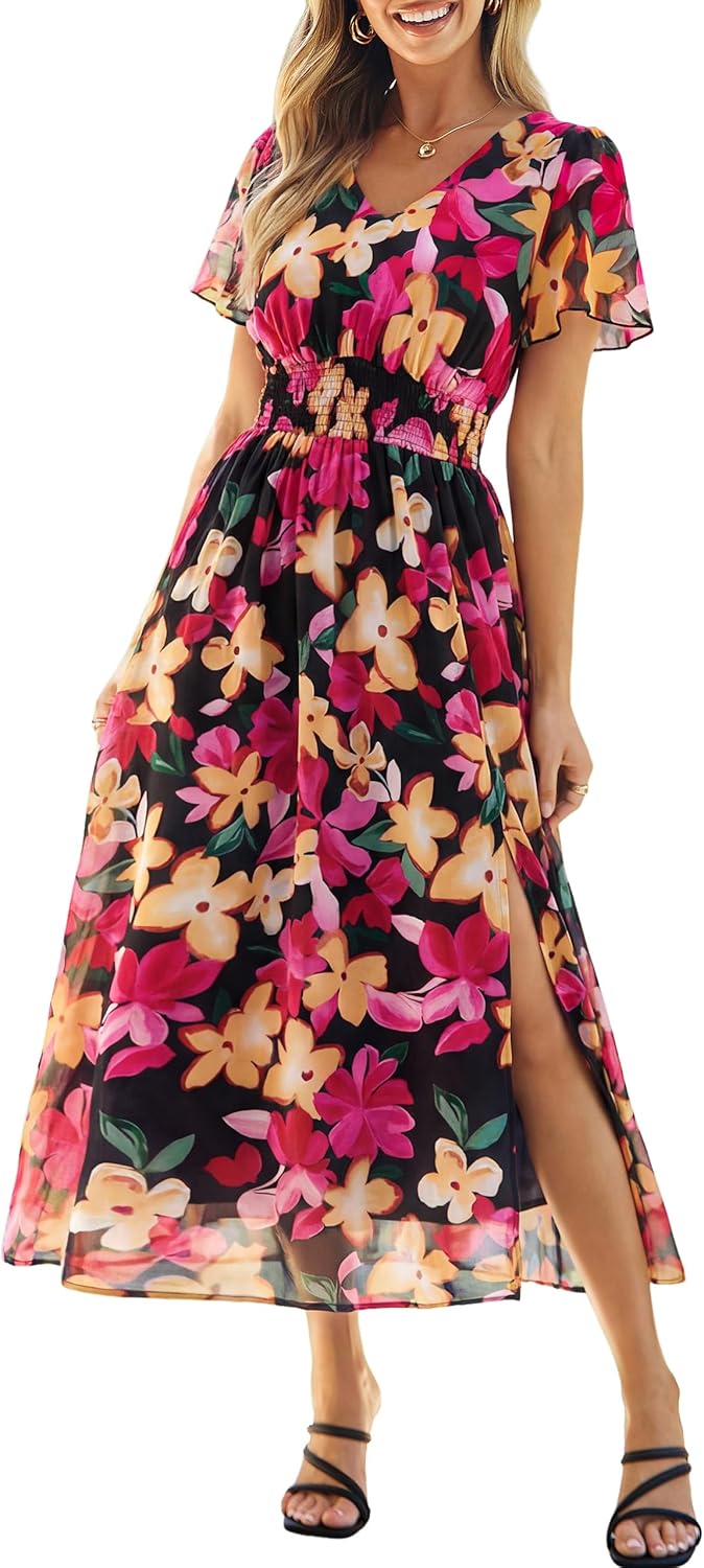 Simplee Womens Summer 2026 Floral Boho Maxi Dress Spring Long V Neck Empire Waist Side Slit Wedding Guest Dresses