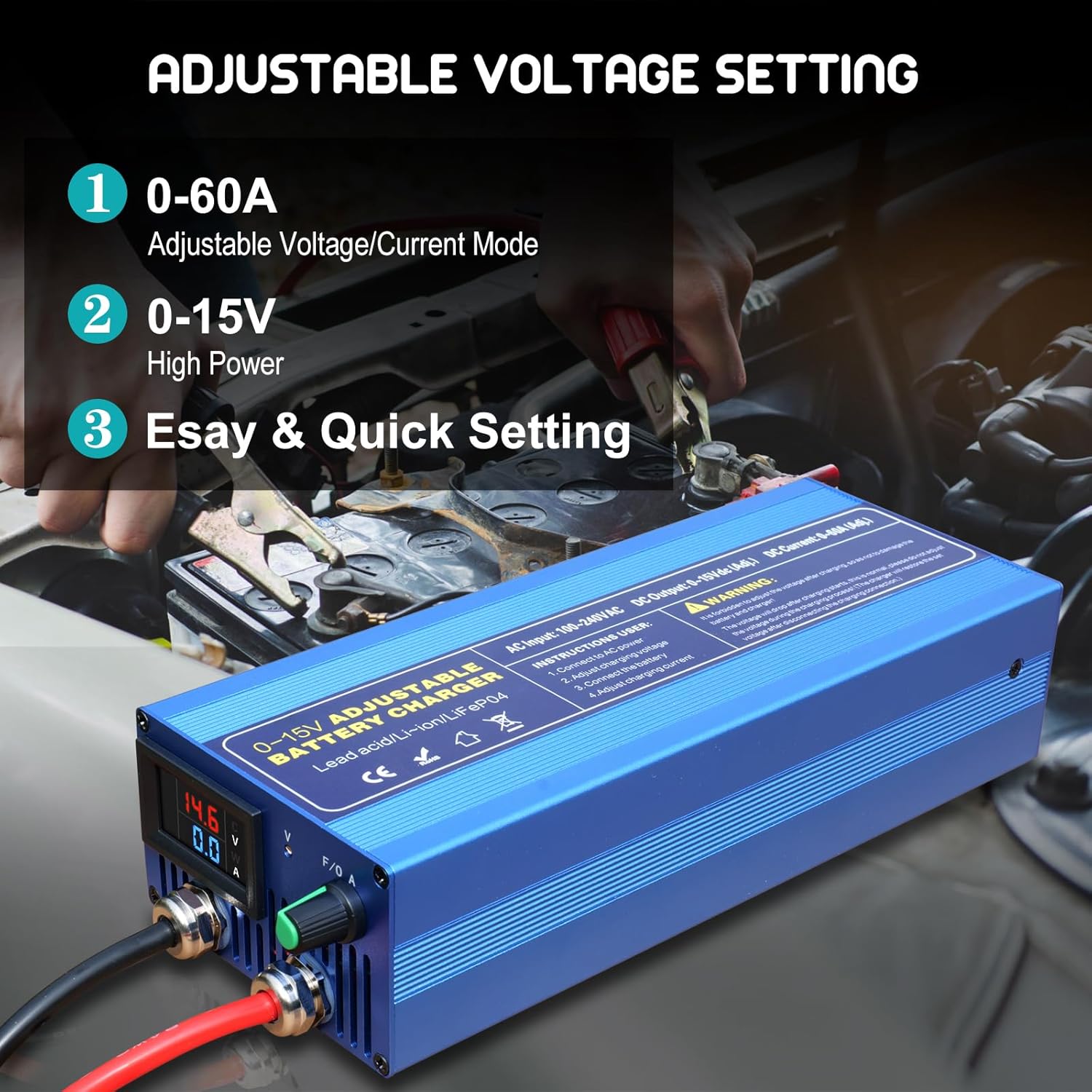 12V High Power Lifepo4 Charger Smart Battery Charger with 0-15V Adjustable Current and Voltage,Portable Power Adapter for 14.6V LiFePO4 Lithium Iron Rechargeable Battery(BU60)