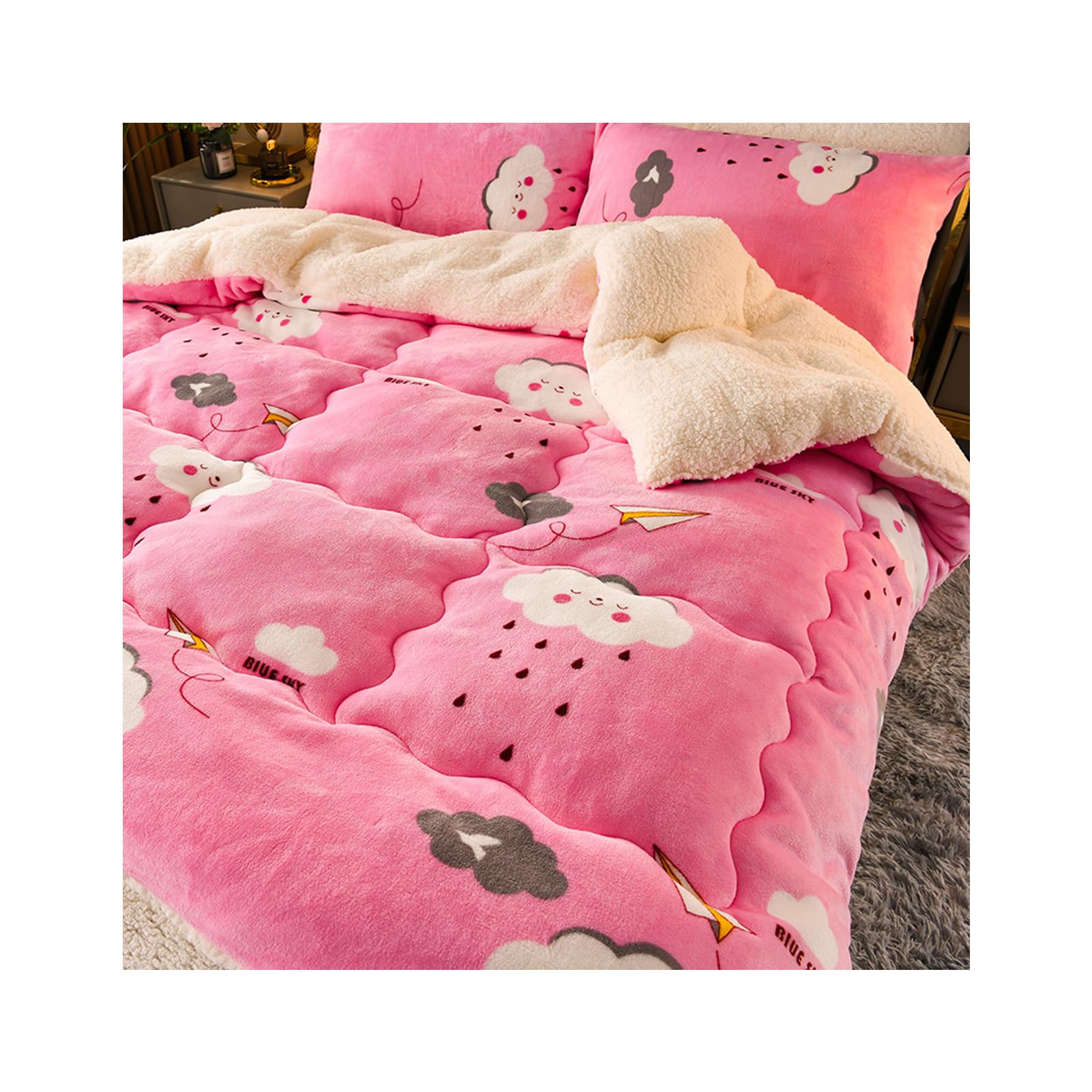 HonunG Winter Cotton Duvet,Thick Lamb Sherpa Fabric Winter Quilt,Super Soft Flannel + Lamb Velvet Fabric,Winter Bedding,Warm Cashmere Quilt Breathable Duvet Single Double (150x200cm 1.75kg,E)