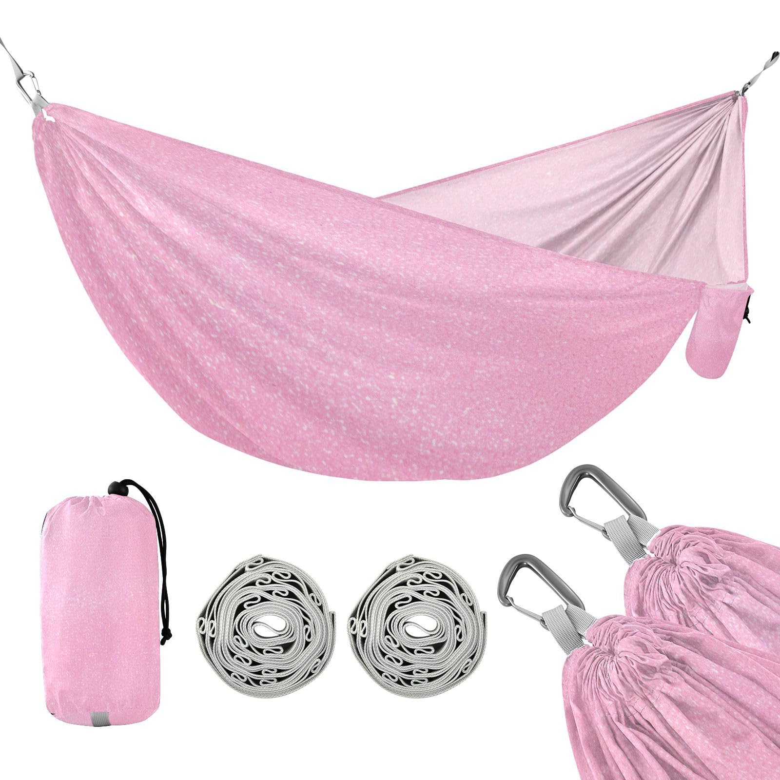 SDMKA Pink Glitter Texture Camping Hammock, 330 lbs with 2 Tree Straps, Carry Bag, Single Portable Hammock for Outdoor/Indoor, Hiking, Beach, Backpacking, Travel