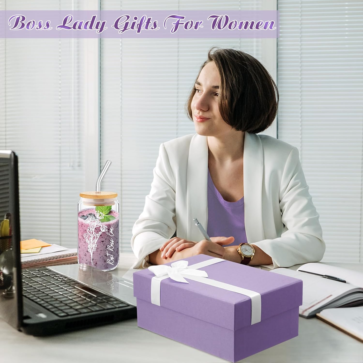 Teenyyou 10 Pcs Boss Lady Gifts Best Boss Appreciation Gift Set for Her with Tumbler Candle Bracelet Hand Cream Keychain Hair Tie Card Box for Office Lady Leader Coworker Women(Purple)