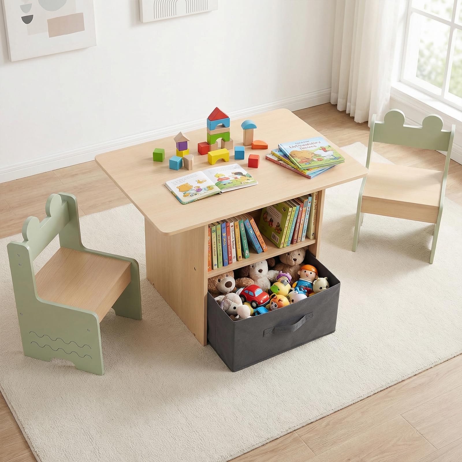 COSTWAY Table Enfant avec 2 Chaises en Bois, Bureau pour Dessiner Jouer, Charge 20/30kg, 3 Ans+