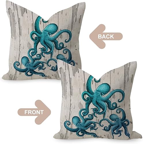 Miniatura 4 de Funda de almohada suave de 16 x 16 pulgadas, diseño náutico de playa, océano, pulpo, decoración de conchas, estrellas de mar, decoración de granja