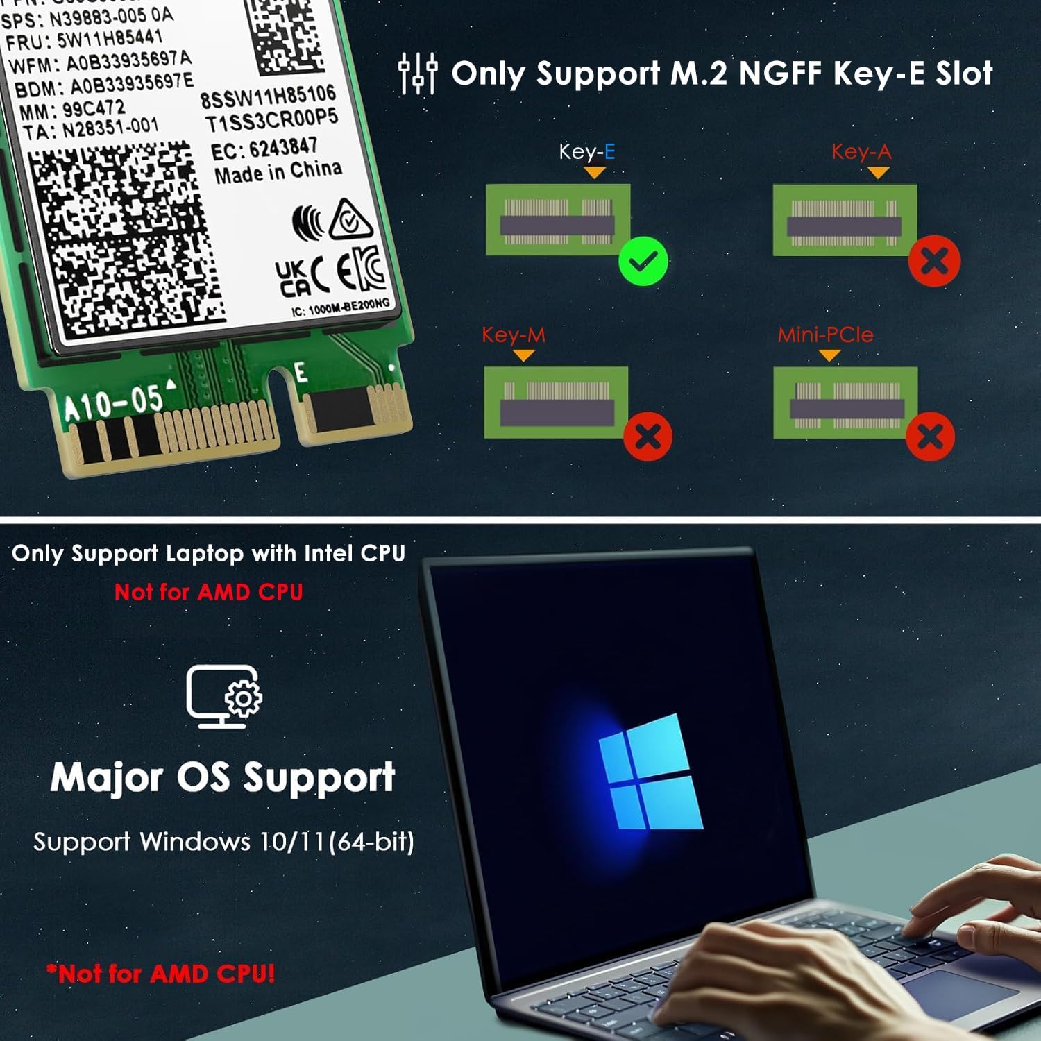 WAVLINK WiFi 7 Wireless Card for Intel CPU Laptop Only, 2026 Tri-Band BE200 M.2 NGFF Network Module with Bluetooth 5.4, MU-MIMO, WPA3, Support Windows 10/11(64-bit) Laptop, Not Support AMD