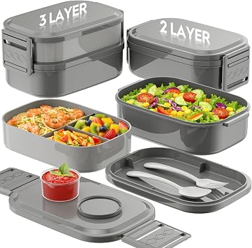 BiuLeon Bento Box Adult Lunch Box, 65 Oz Capacity Lunch ContainersAdjustable 2/3 Tier, BPA-Free, Leak-Proof and Stackable Bento Lunch Box, Microwave & Dishwasher Safe with UtensilsGray