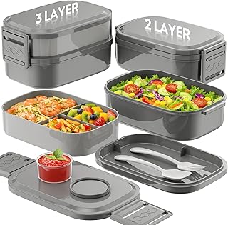 BiuLeon Bento Box Adult Lunch Box, 65 Oz Capacity Lunch Containers(Adjustable 2/3 Tier), BPA-Free, Leak-Proof and Stackable Bento Lunch Box, Microwave & Dishwasher Safe with Utensils(Gray)