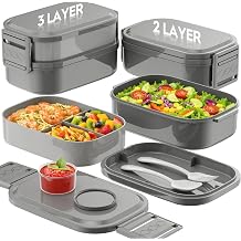 BiuLeon Bento Box Adult Lunch Box, 65 Oz Capacity Lunch ContainersAdjustable 2/3 Tier, BPA-Free, Leak-Proof and Stackable Bento Lunch Box, Microwave & Dishwasher Safe with UtensilsGray