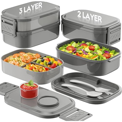 BiuLeon Bento Box Adult Lunch Box, 65 Oz Capacity Lunch Containers(Adjustable 2/3 Tier), BPA-Free, Leak-Proof and Stackable Bento Lunch Box, Microwave & Dishwasher Safe with Utensils(Gray)