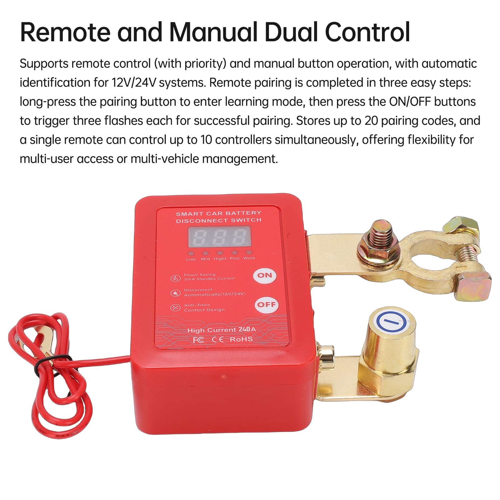 Interruptor Inteligente de Desconexión de Batería 12V 24V Pantalla Digital con Control Remoto y Control Manual para Automóviles, SUV y Vehículos Eléctricos Fabricado en Pl (Putrefacción)
