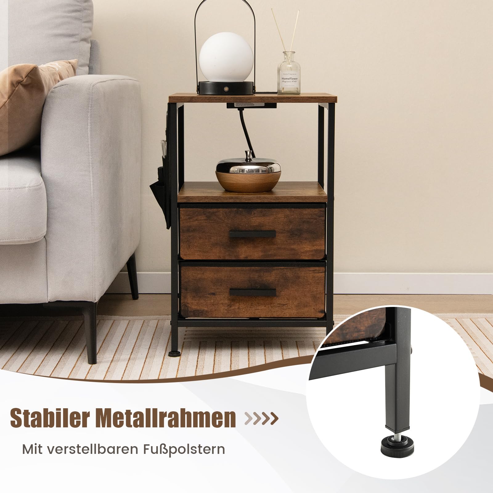 COSTWAY Stolik nocny 2 sztuki z 2 szufladami gniazdko elektryczne USB drewniany 38x30x60 cm rustykalny brąz