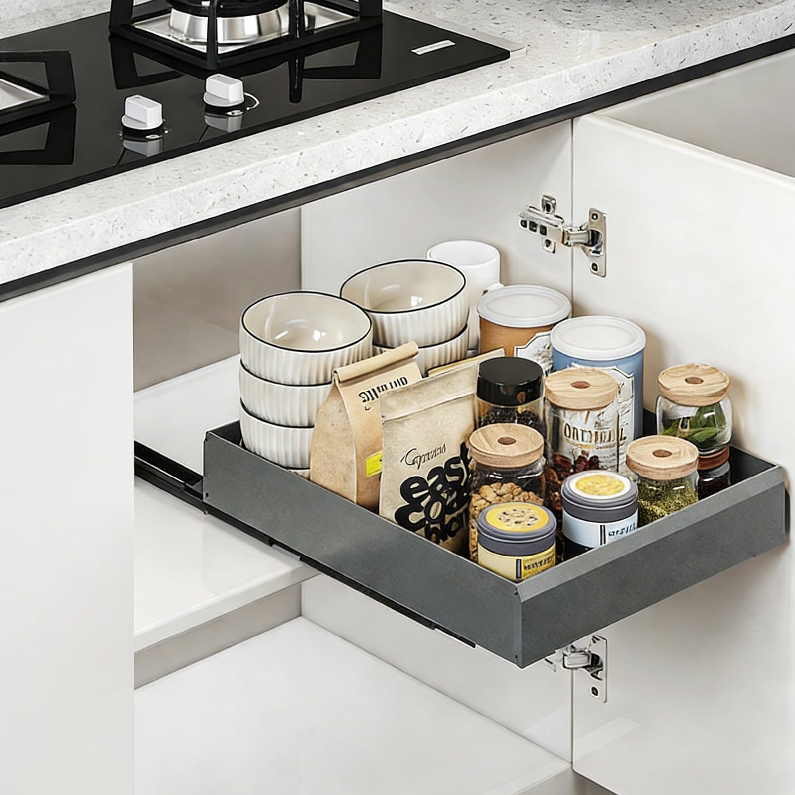 Scaffali estraibili resistenti per cucina, bagno e dispensa, vassoio arrotolabile in alluminio senza trapano, facile installazione, soluzione salvaspazio per l'organizzazione domestica