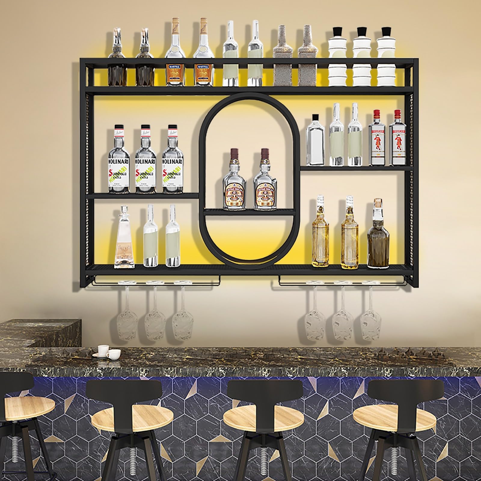Estante de vino montado en la pared con luz LED, estantes flotantes de 3 niveles para exhibición de botellas de licor y soporte para copas de vino, almacenamiento elegante para bar en casa