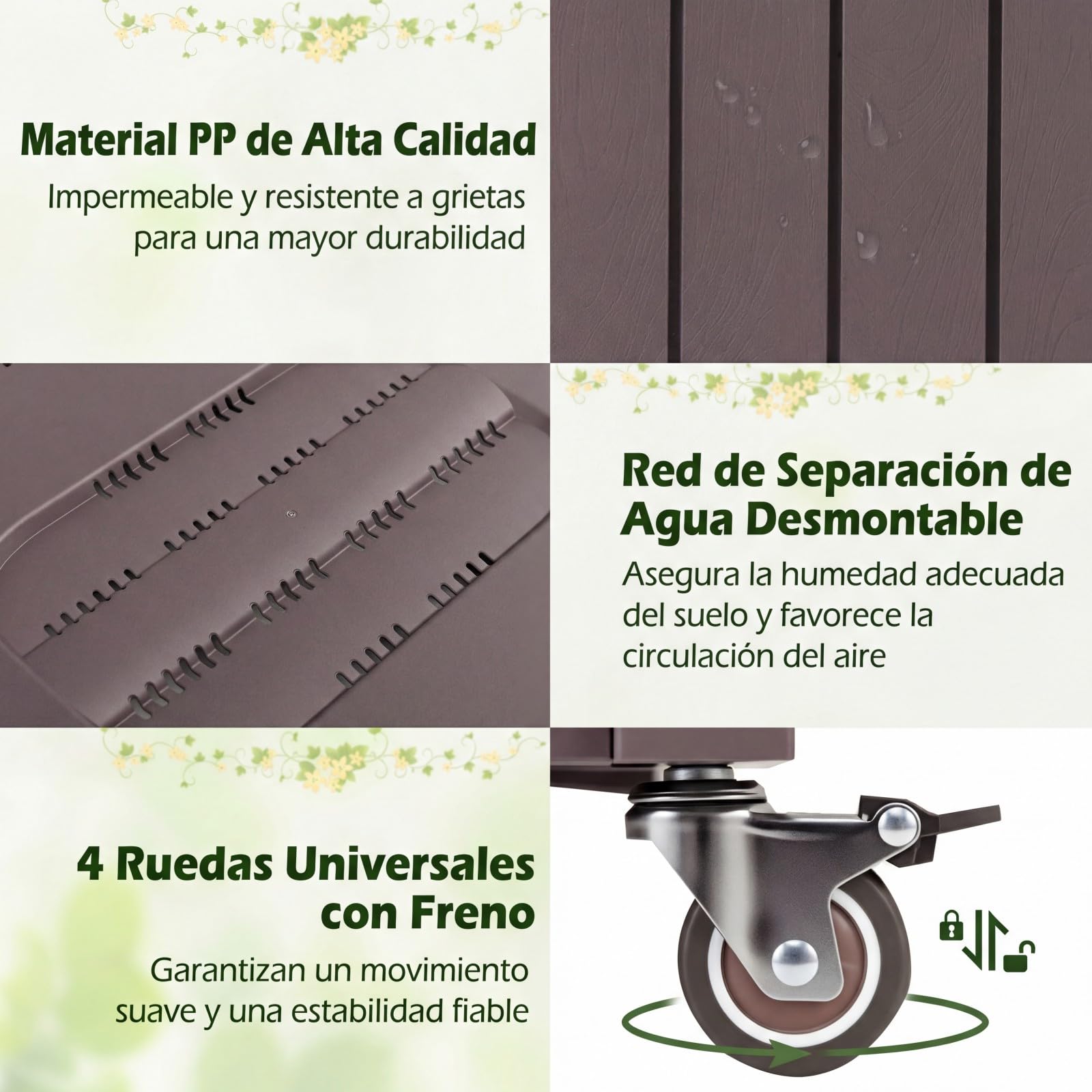 COSTWAY Jardinera Elevada con Enrejado, Cama de Jardín Elevada con Ruedas, Tapón y Medidor para Verduras y Plantas Trepadoras, Macetero Grande de PP para Exterior Jardín y Balcón, 108 x 45 x 155 cm