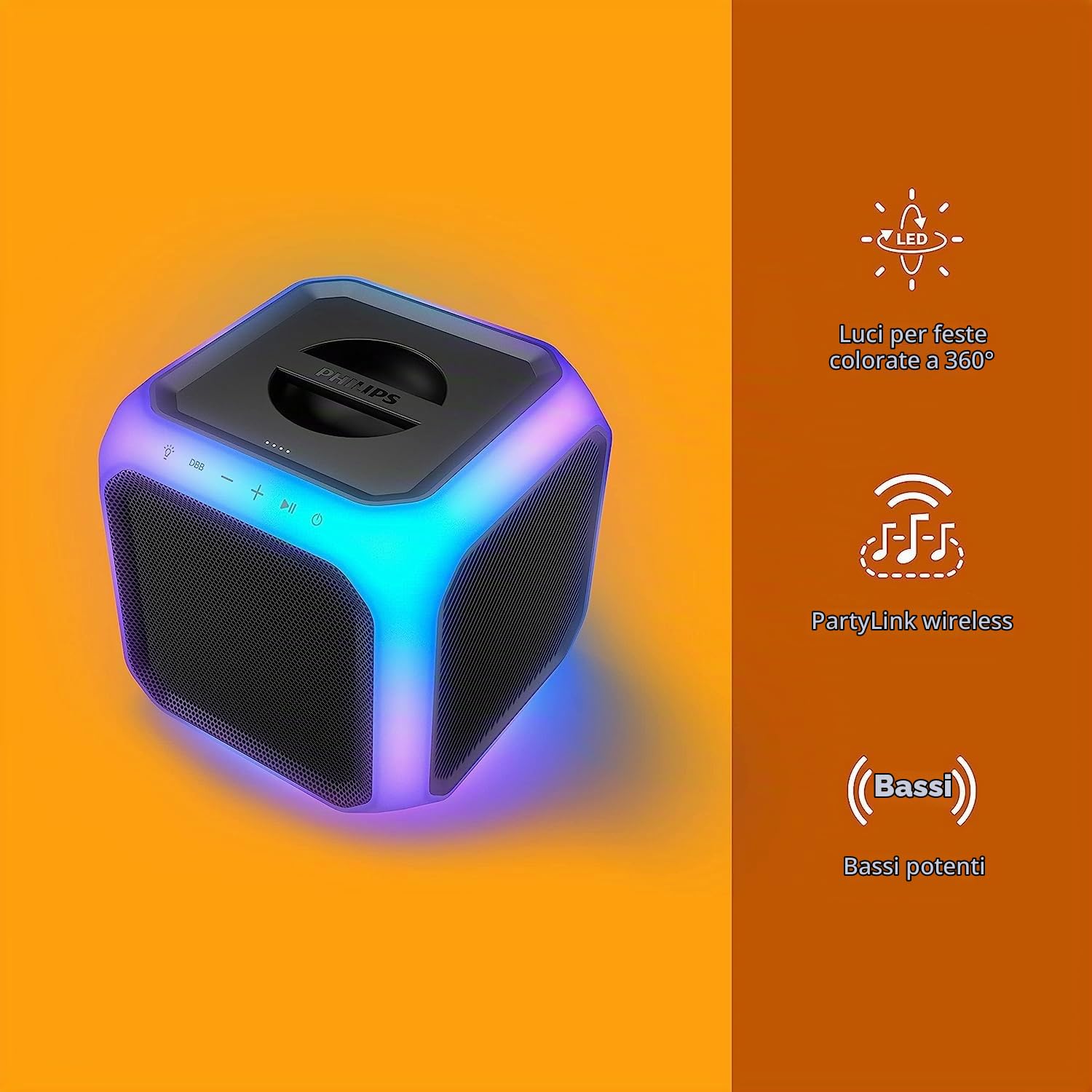 Philips TAX7207/10 Altoparlante Bluetooth Per Feste, 12 Ore Di Riproduzione, Luce A 360°, Collegamento Senza Fili E Batteria Ricaricabile