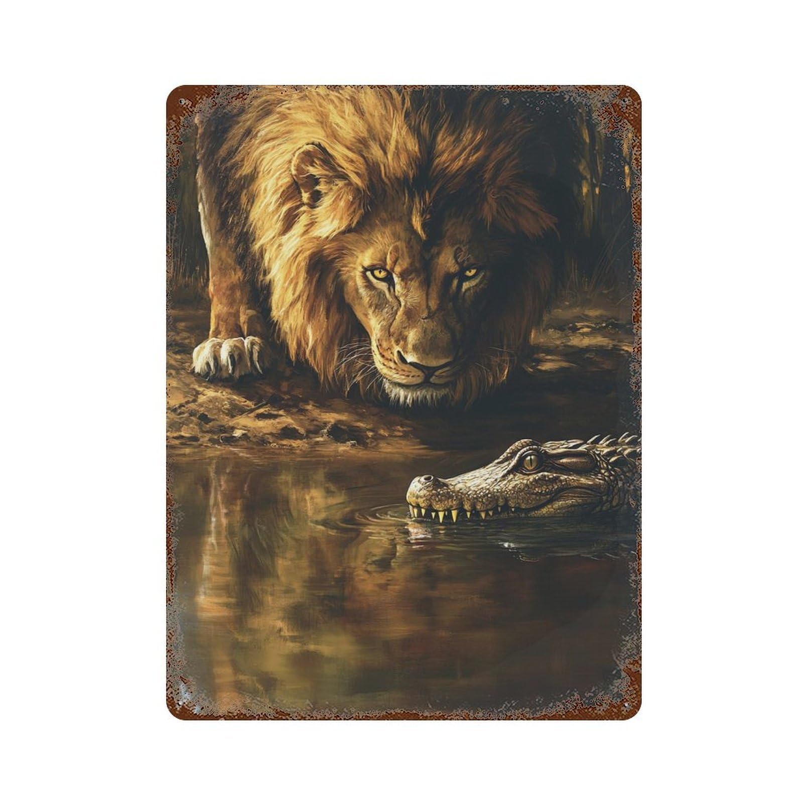 Rust Effect Lion Vs Crocodile Jungle Showdown Aged Metal Wall Plaque 15.7"x11.8", Classic Wall Plaque for Basement, Hobby Room And Garage Decor