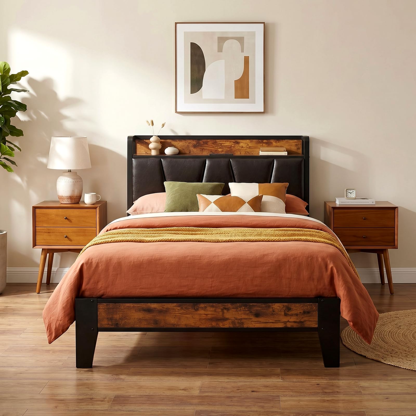 LIKIMIO Twin Bed Frame, Storage Headboard with Charging Station, Solid and Stable, Noise Free, No Box Spring Needed, Easy Assembly (Vintage and Black)