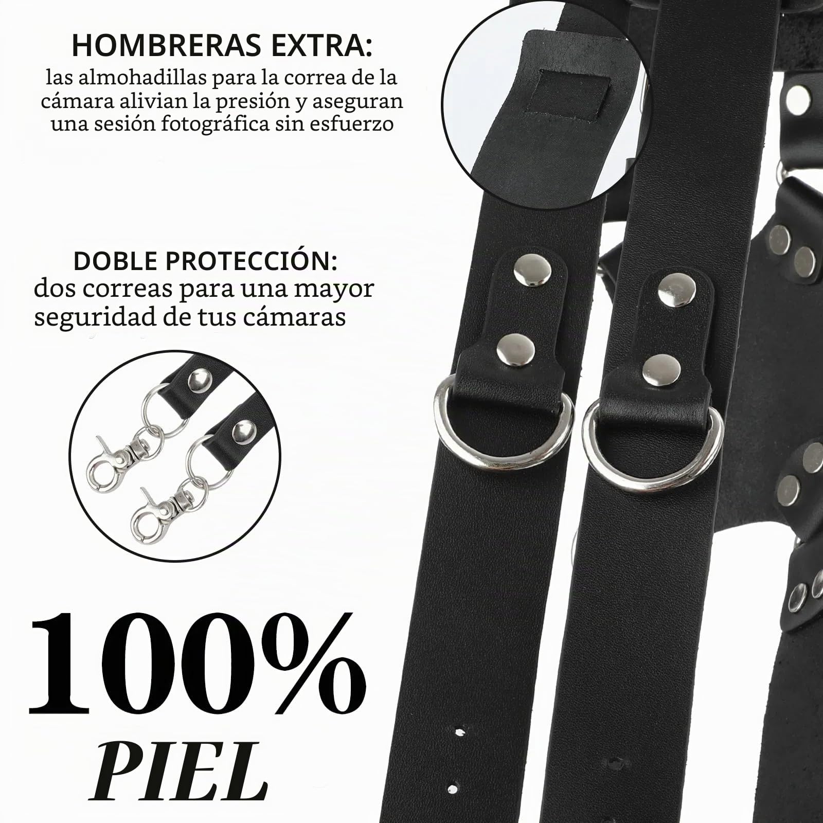Correa de Piel para 2 Cámaras DSLR/SLR con Doble Hombro Ajustable, Negro