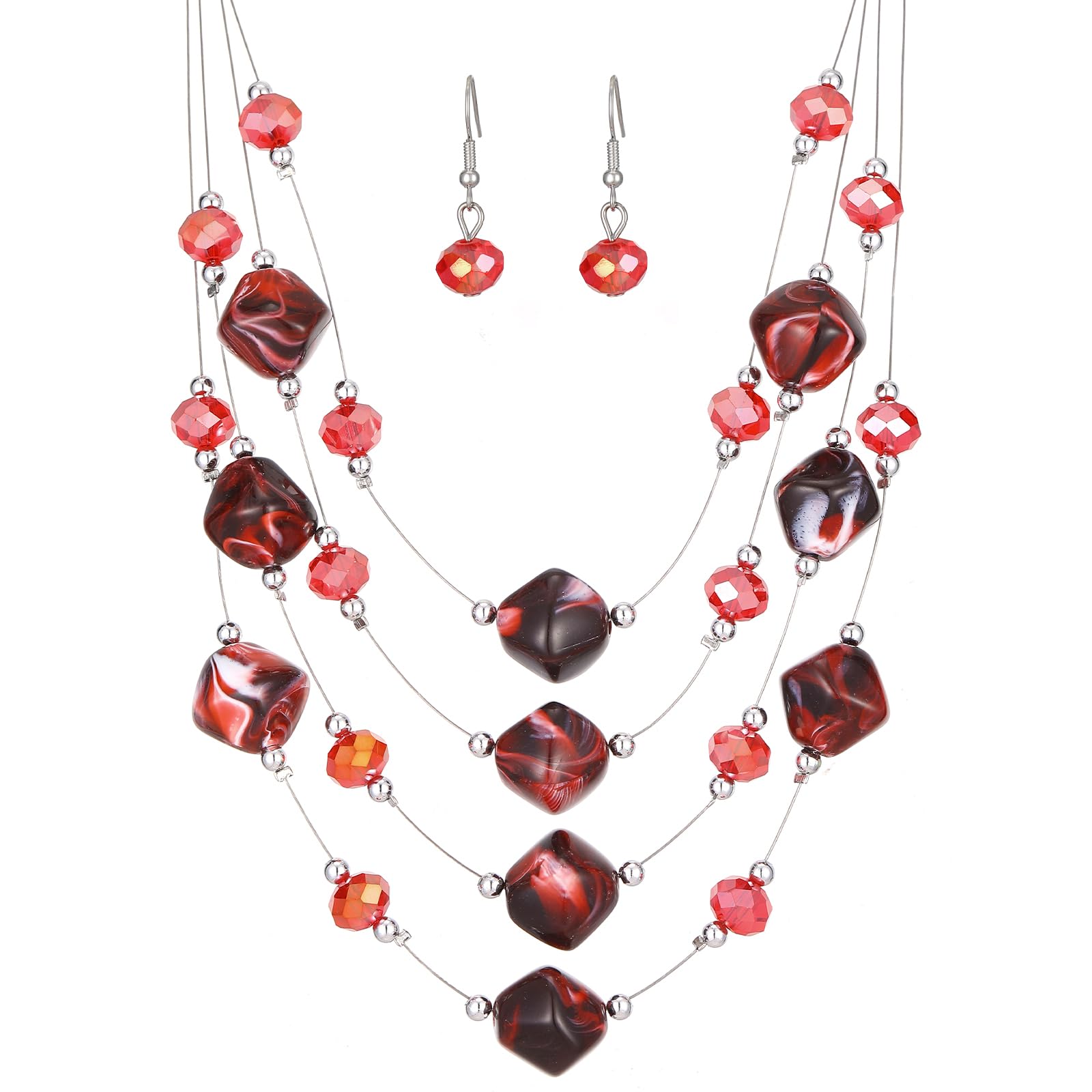 Layered Chunky Beaded Necklace for Women Colorful Multi-Layer Statement Necklace and Earrings Set Gift for Her