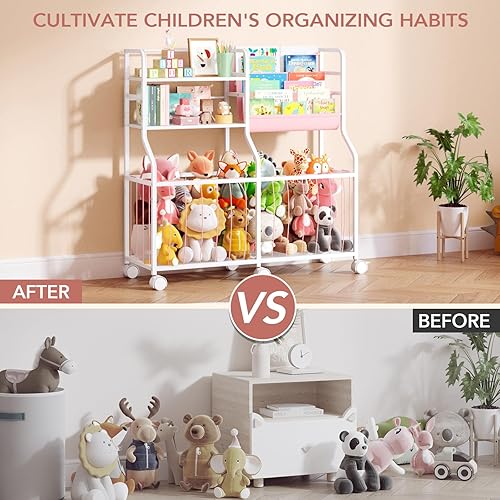 Miniatura 3 de BBLIKE Organizador de almacenamiento de animales de peluche, estantería rodante para niños y almacenamiento de juguetes con exhibición de libros de