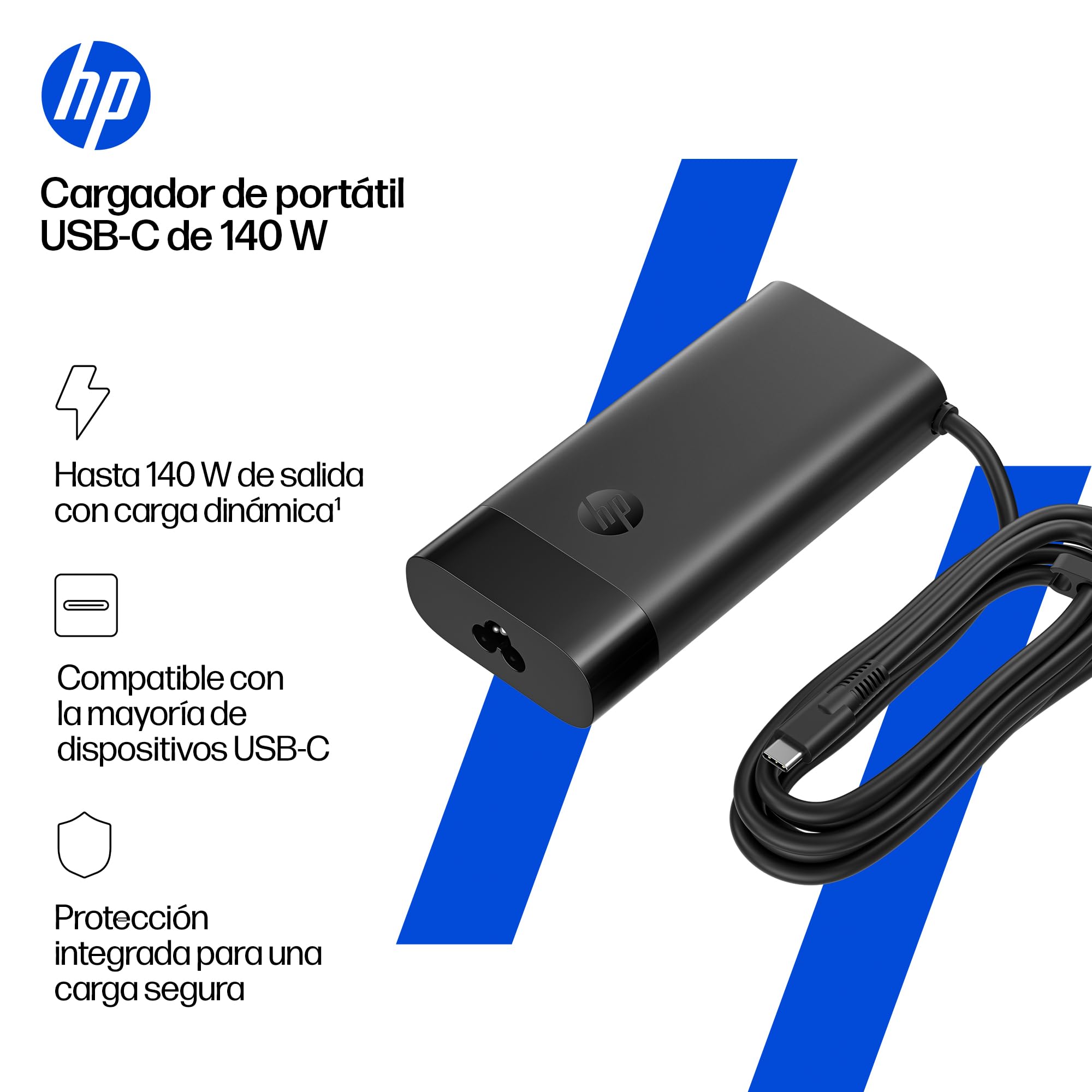 Adaptador de Corriente HP USB-C 140W B7NM4AA Cargador portátil 140W para portátiles y Dispositivos USB-C con Carga rápida, Segura e Inteligente