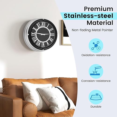 Miniatura 3 de Goplus Reloj de pared silencioso, reloj moderno sin tictac con números romanos y marco de aluminio plateado, fácil de leer, relojes de pared grandes