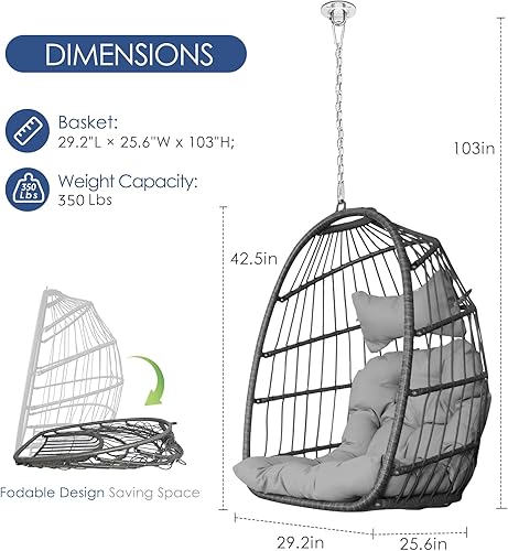 Miniatura 23 de NICESOUL Silla colgante con soporte para interiores y exteriores, cómodas sillas hamaca de ratán para patio con cojín, capacidad de 350 libras