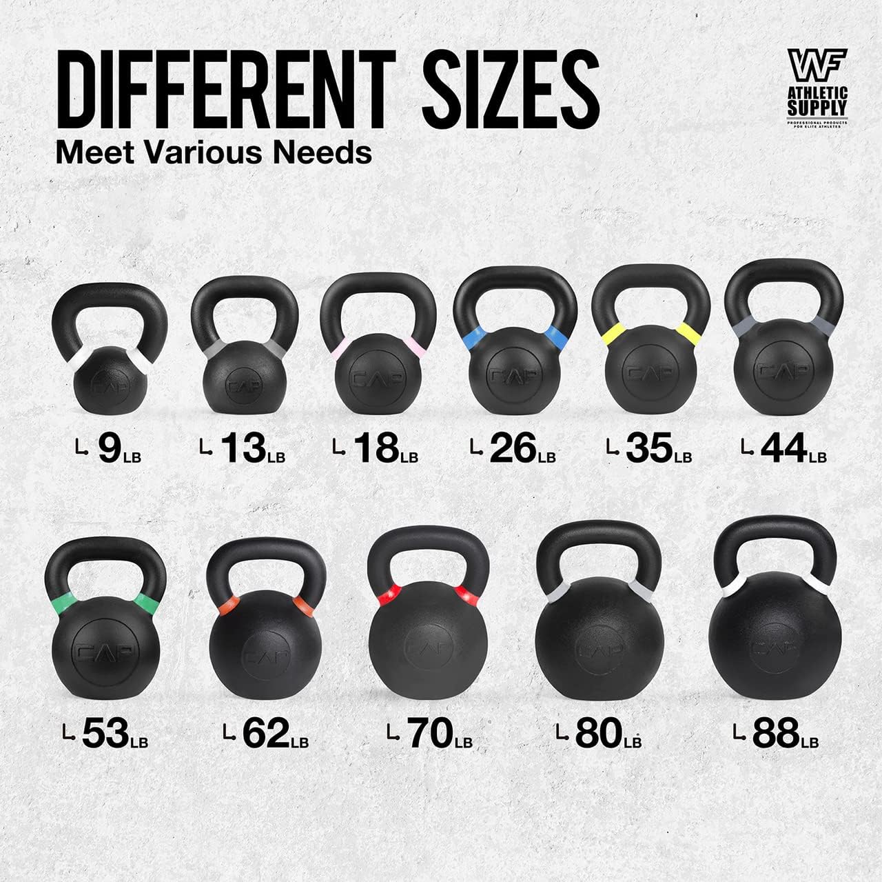 WF Athletic Supply Powder Coated Kettlebells, Black Matte Kettlebell Weights for Strength Training, Conditioning and Functional Fitness, LB and KG Markings
