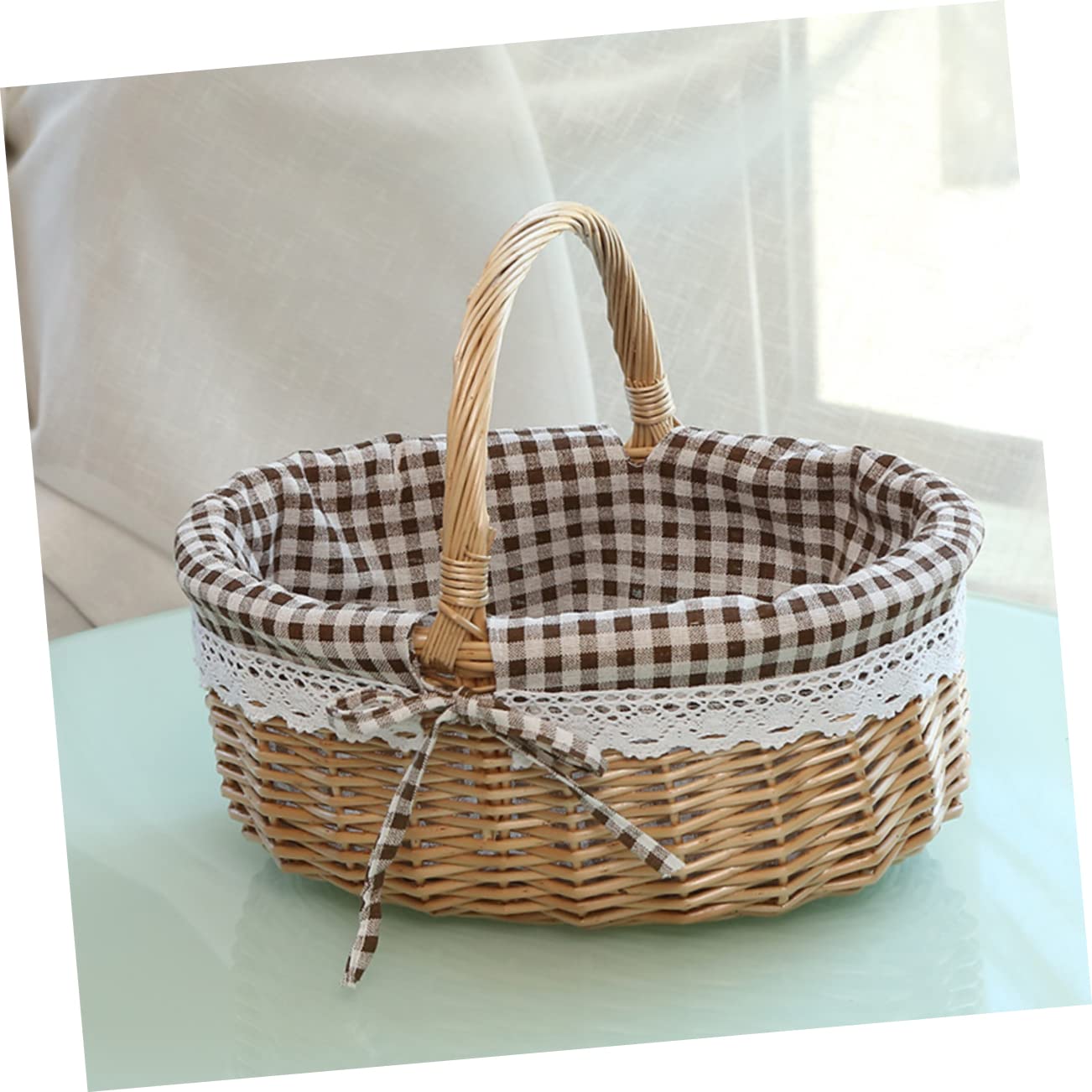 PRETYZOOM Cesta De De Ratán Ideal Para Frutas Verduras Pan Almacenamiento De y Picnic Diseño De Cuadros