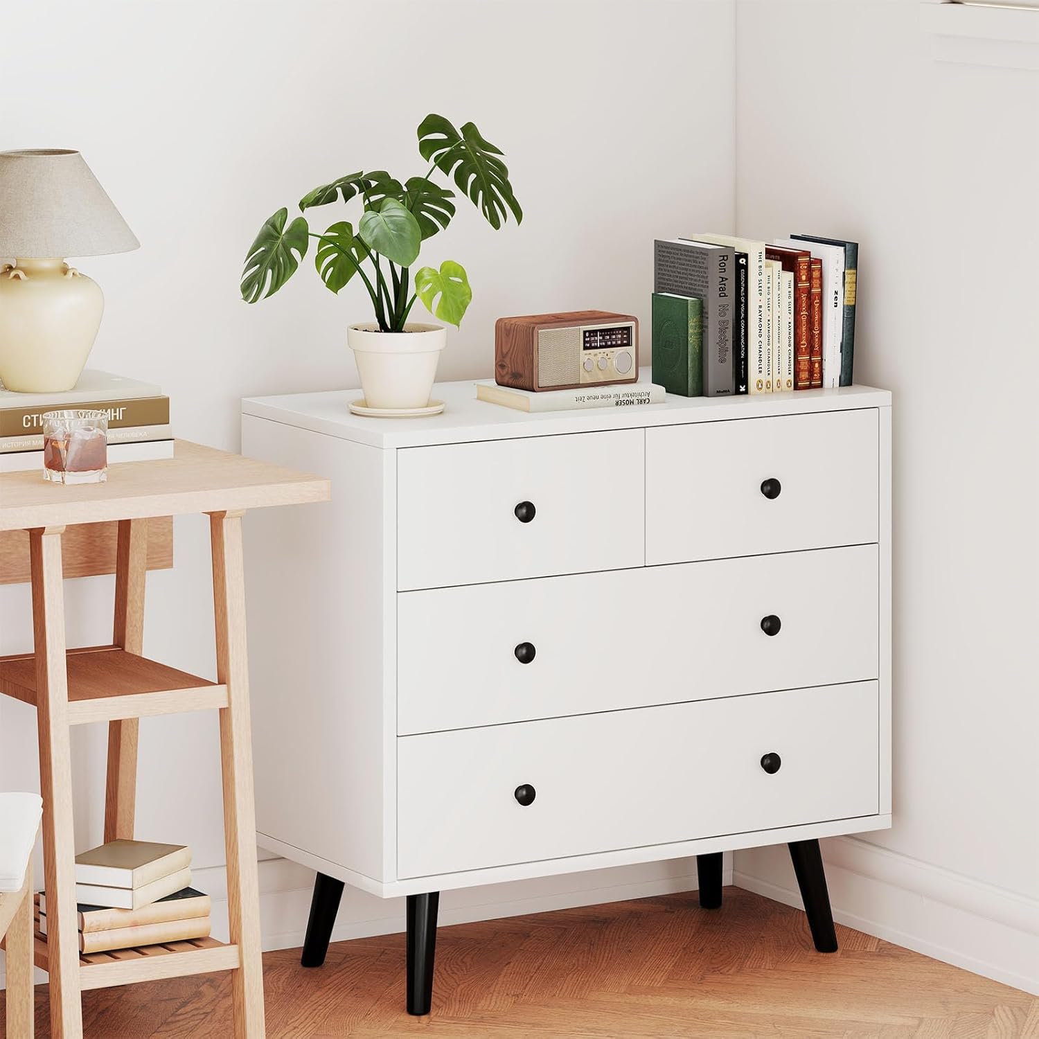 LOKO 4-Drawer Storage Cabinet, Modern Chest Cabinet with Anti-Tipping Device, Convenient Handles, End Table, Wooden Floor Cabinet, for Living Room, Hallway, Entryway (White)