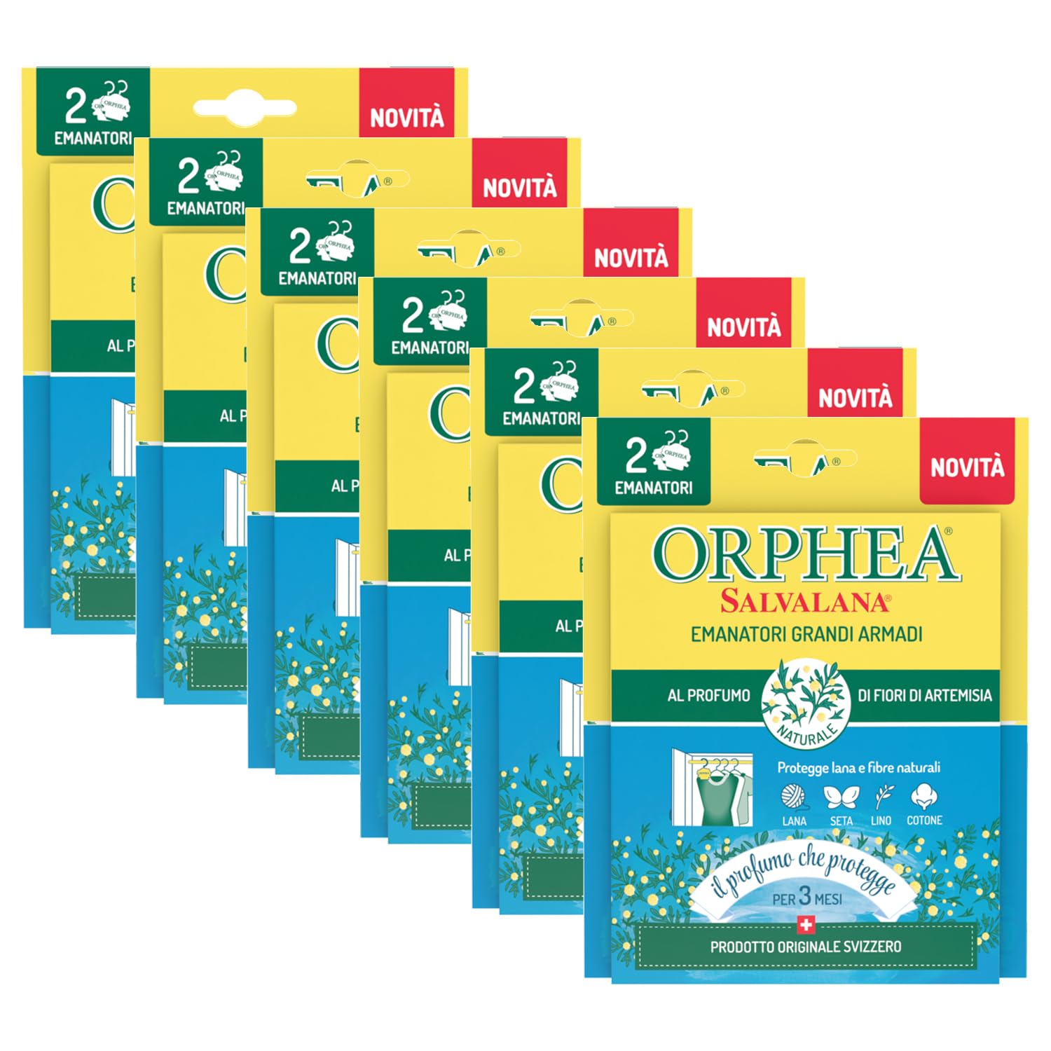 Orphea Salvalana, Emanatori Grandi Armadi, Protegge Lana e Vestiti Tutta la Stagione, Agisce per 3 Mesi, Profumo di Artemisia, 6 Confezioni da 2 Emanatori