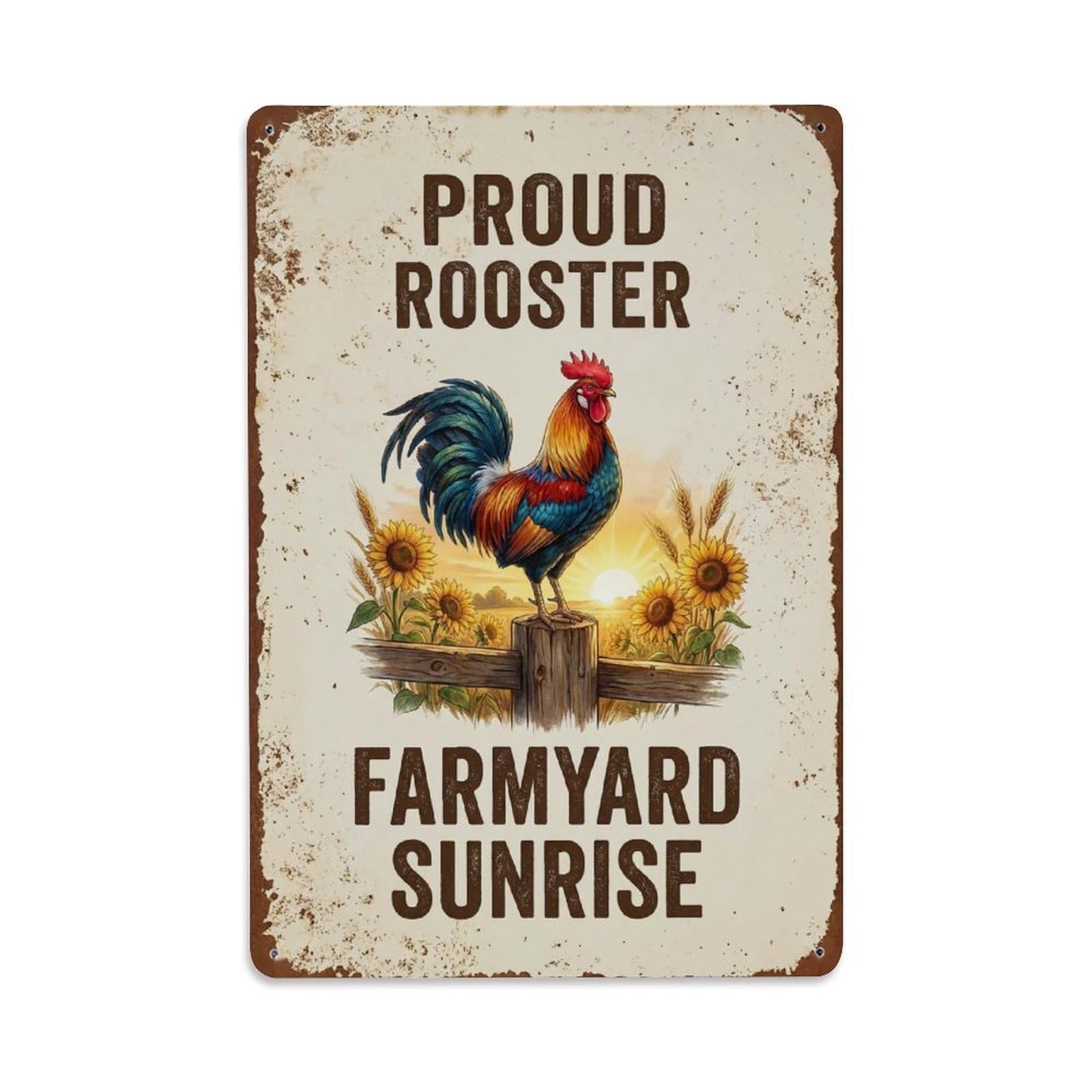Okngb Style Rooster Farmyard Sunrise Farm Animal Motto Comic Rustic Metal Tin Sign Plaque Wall Decor For Cafe, Man Cave, Club Bar, Office, Home Garden Round Metal Poster 8X12inch