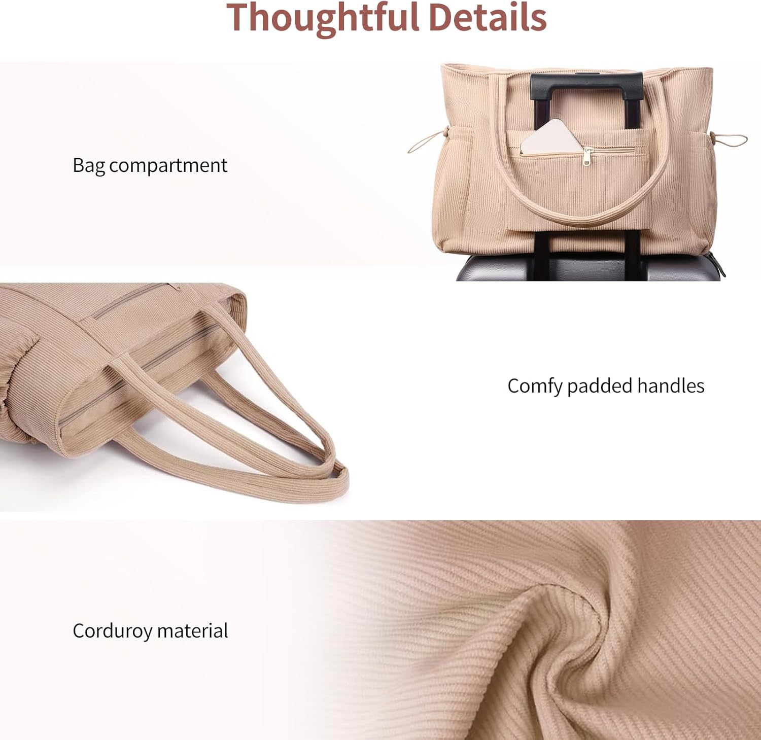 Corduroy Tote Bag for Women Large Capacity Tote Bags with Stanley Cup Holder Shoulder Handbag with Inner Pockets - Image 6