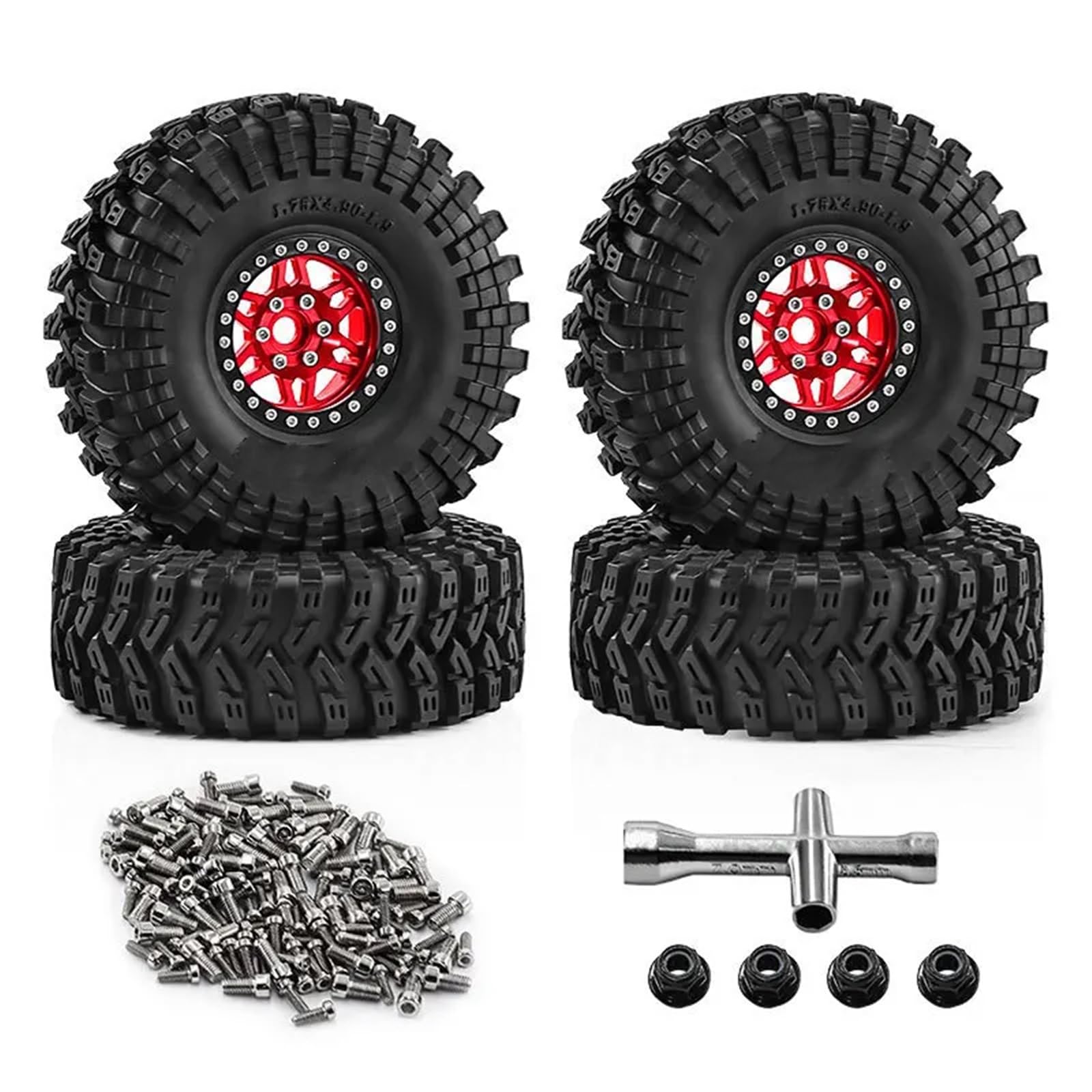 Juguetes Accesorios Para Traxxas Para TRX4 D90 Para Axial 1/10 Tamaño Grande 125mm 1.9 Beadlock Llanta Rueda Kit Neumáticos Coche Trepador Control Remoto Actualización Piezas(Red)