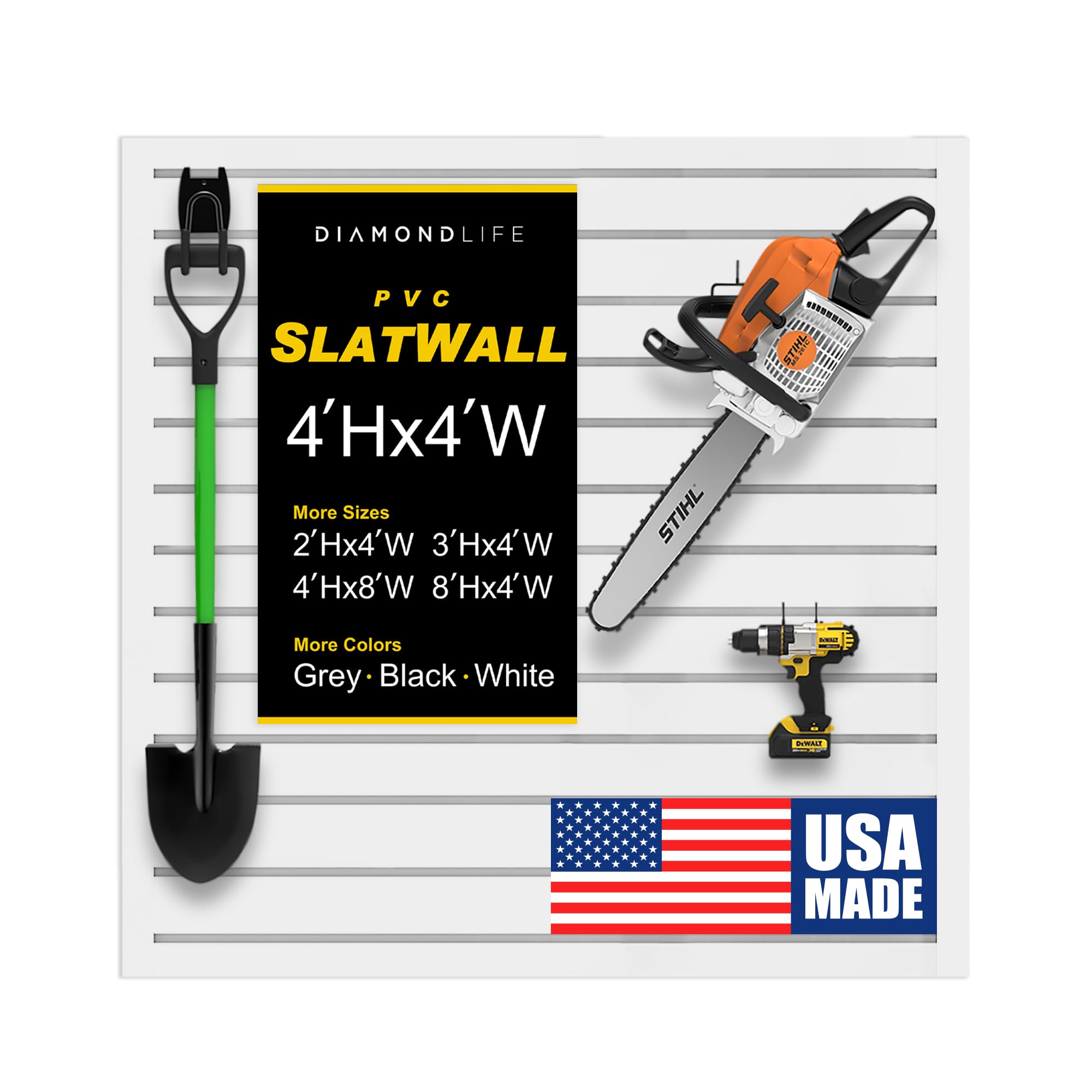 DLDIRECT 48" X 48" - White Slatwall Panel Garage Organizer: Heavy Duty Wall Mounted PVC Rack, Interlocking Slat Paneling for Garage Storage, Slotwall