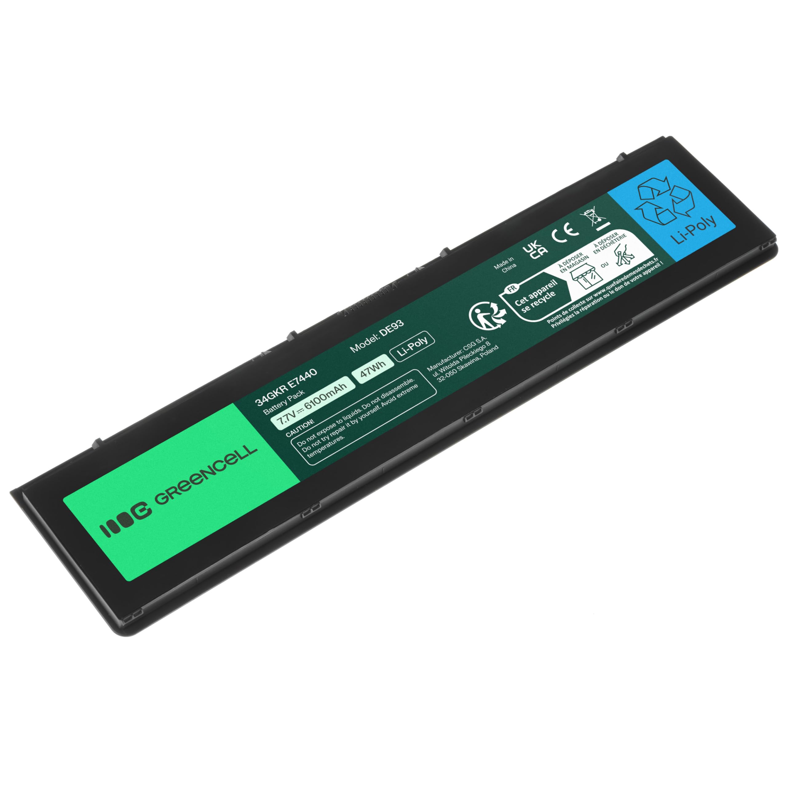 Green Cell Bateria do laptopa 34GKR 3RNFD PFXCR 909H5 F38HT WVG8T 0909H5 0WVG8T 451-BBFS do Dell Latitude E7440 E7450 (4500 mAh, 7.4-7.6 V, Kolor Czarny)