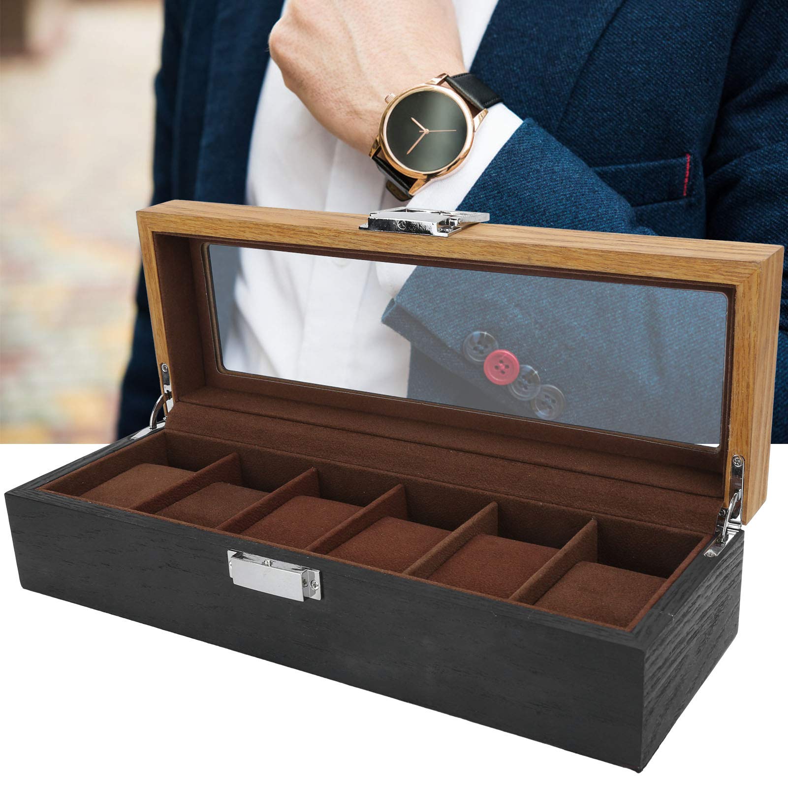 Caja para Relojes, Organizador de Relojes de Madera Maciza con 6 Ranuras, Vitrina, Caja de Almacenamiento para Relojes con Tapa de Vidrio para Hombres y Mujeres, Soporte para
