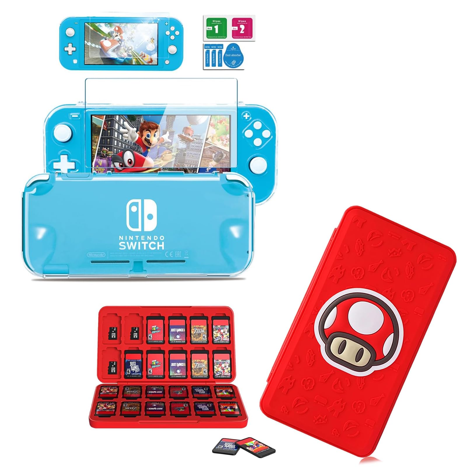 Switch Lite Protective Case Clear with HD Tempered Screen Protector and Game Card Case Holder with 24 Game Cards Slots & 24 SD Cards Slots