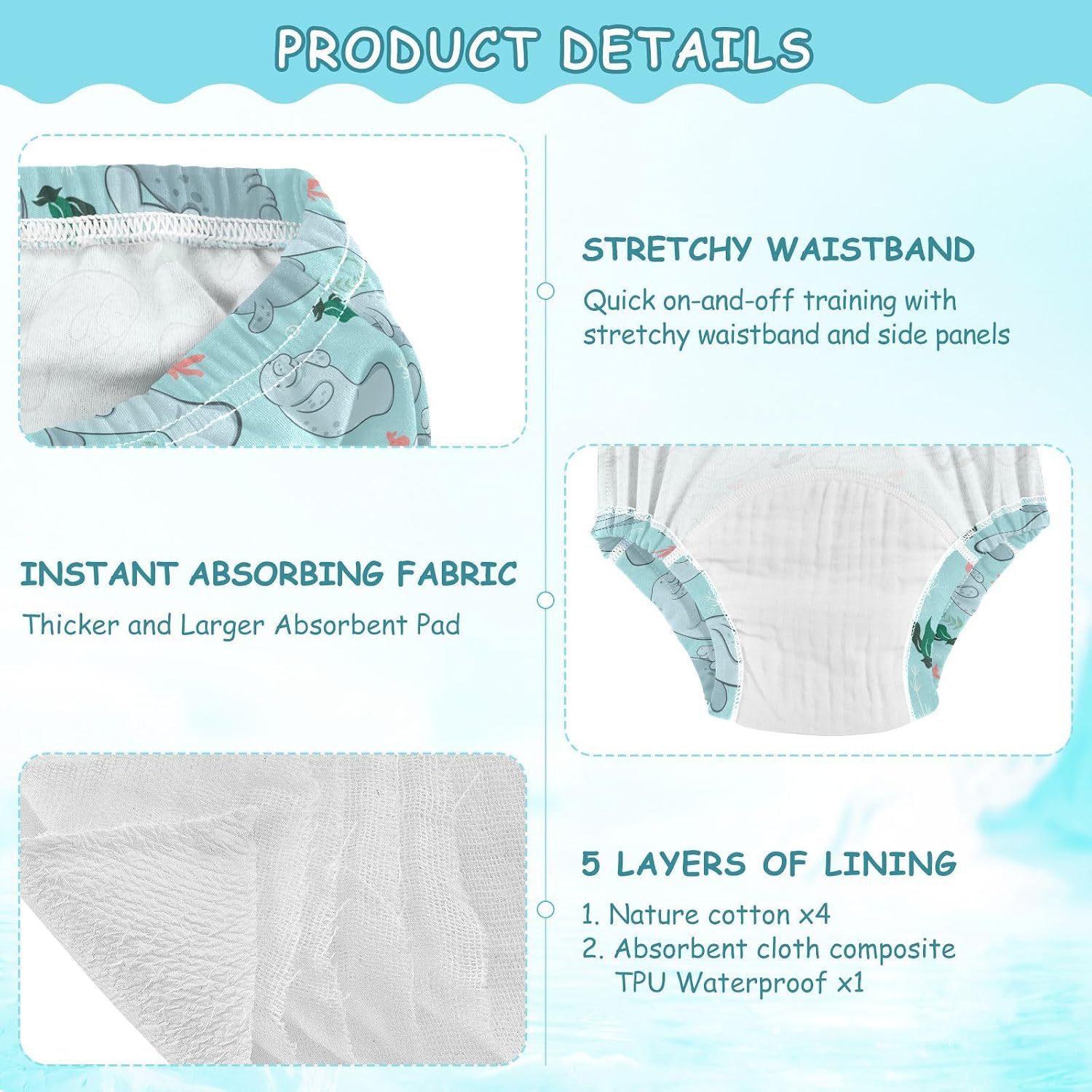 Blue Manatee Toddler Potty Training Underwear Cotton Absorbent Soft Baby Girl Boy Toilet Training Pants 3T