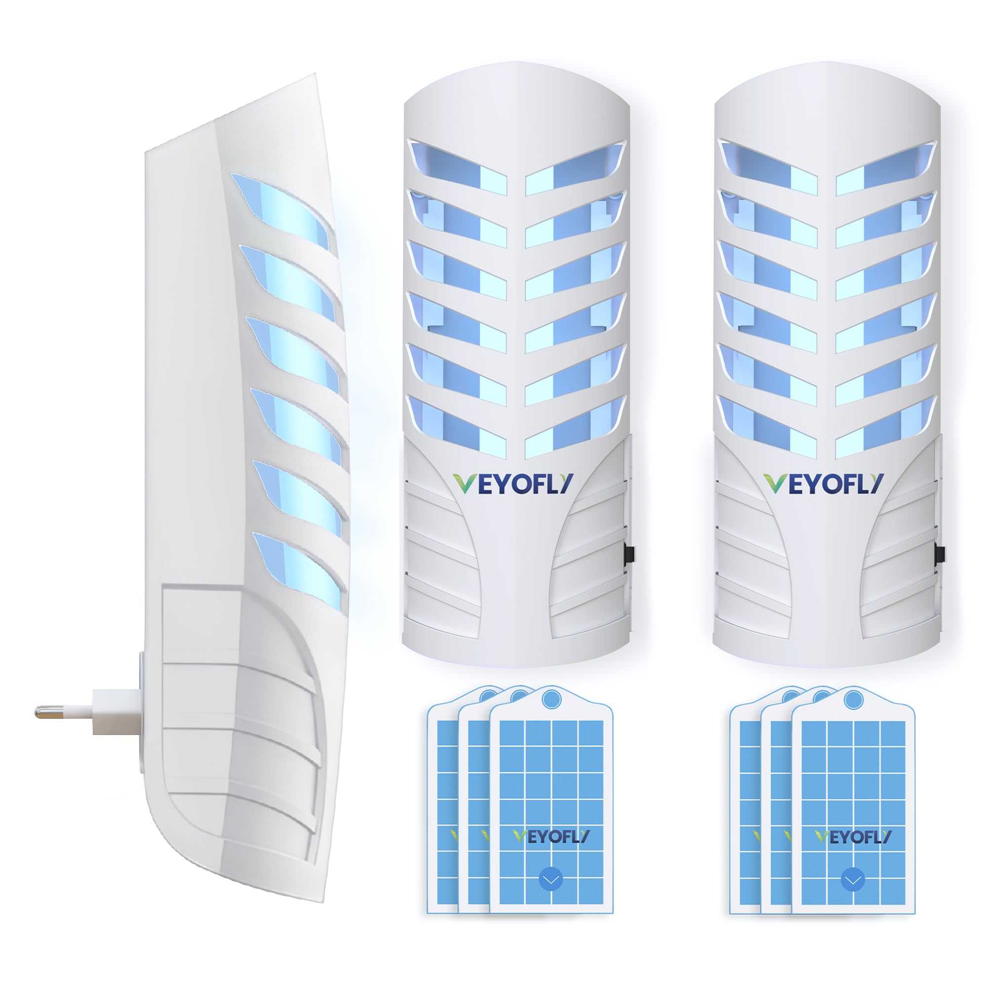 VEYOFLY Fliegenfalle UV, Fruchtfliegenfalle, 2 Geräte + 4 Nachfüllungen | UV-Licht lockt Insekten auf Wechsel-Klebekarten, leise 24/7, Stecker, Innenbereich, ohne Insektenvernichter Elektrisch