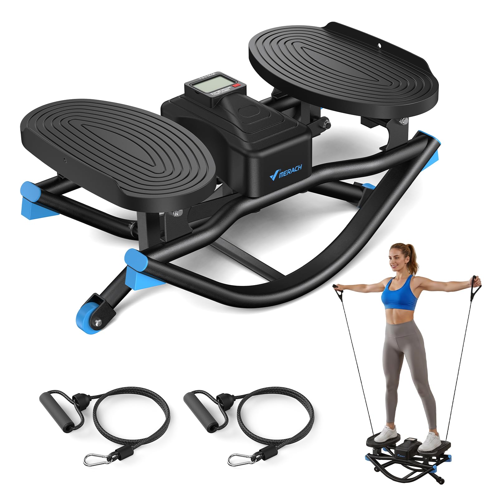 MERACH Stepper für Zuhause mit Power Rope,U-förmiger Rock Stepper,MAX 150KG | Side-to-Side, LCD Display & rutschfeste Pedale, Low Impact,3D-Seitbewegung für Beine, Po & Bauch