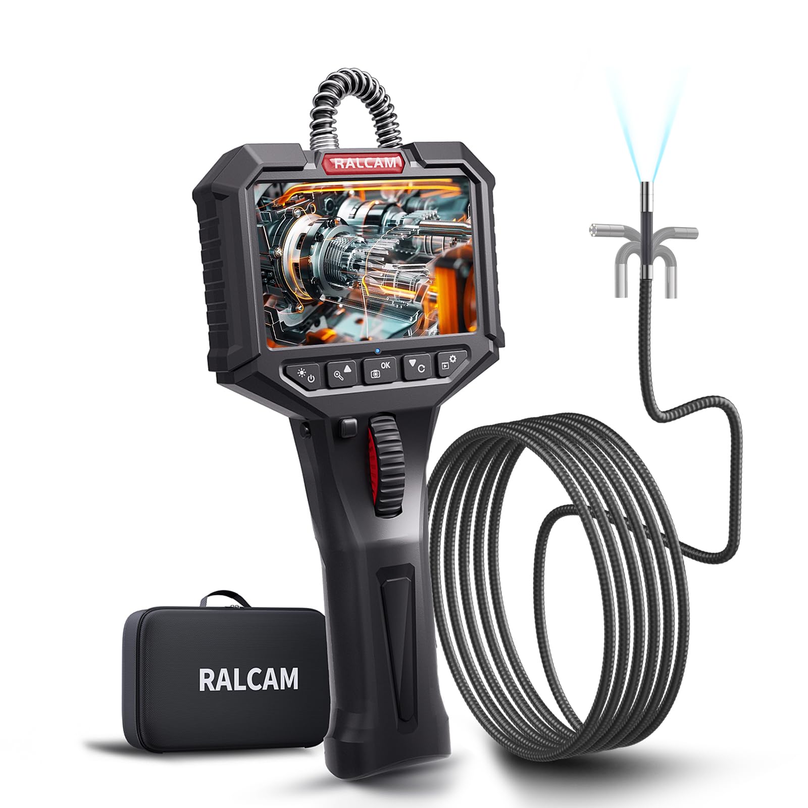 Ralcam Telecamera Endoscopica Rotante 210°, Schermo HD 3,5", Sonda 6,2mm Semi-Rigida Impermeabile per Ispezione di Motore, Veicoli e Tubi (Cavo 2m)