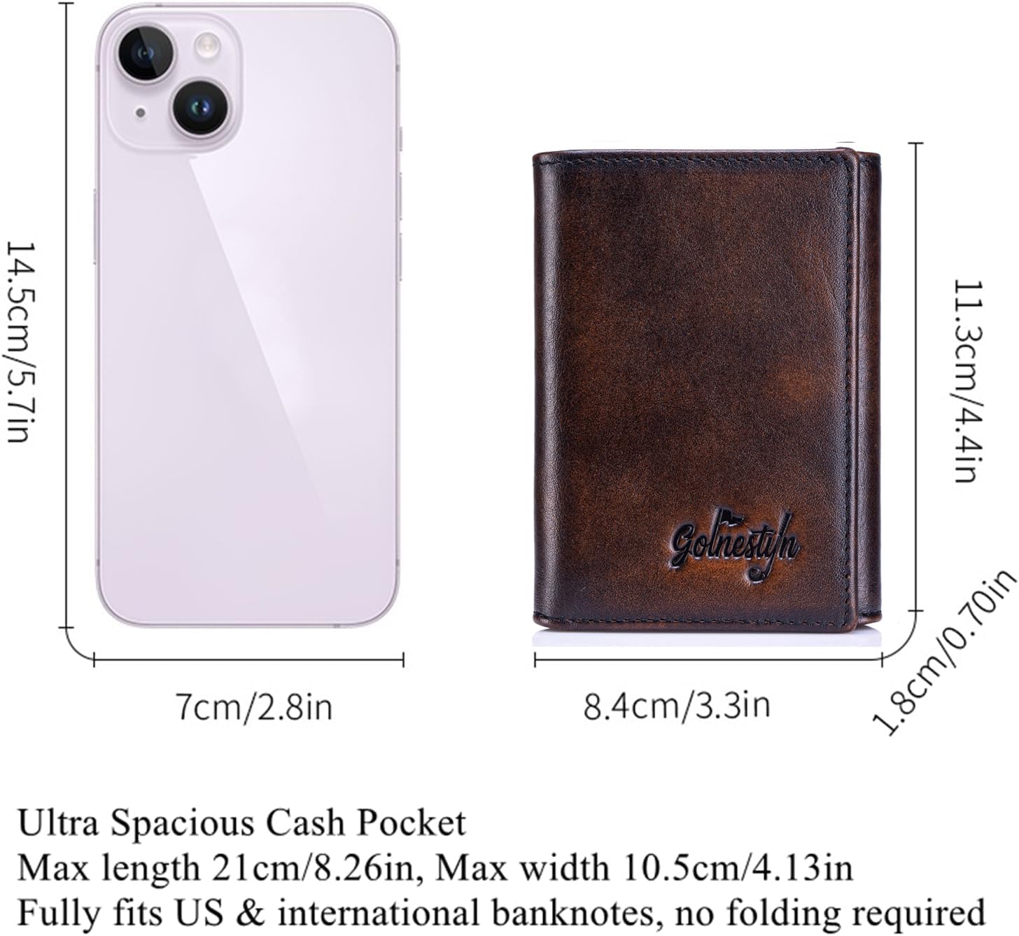 Trifold Wallet for Men, RFID Top Grain Leather Wallet | Vintage Brown • Smooth Leather • 8 Card Slots • ID Window • Slim Everyday Carry