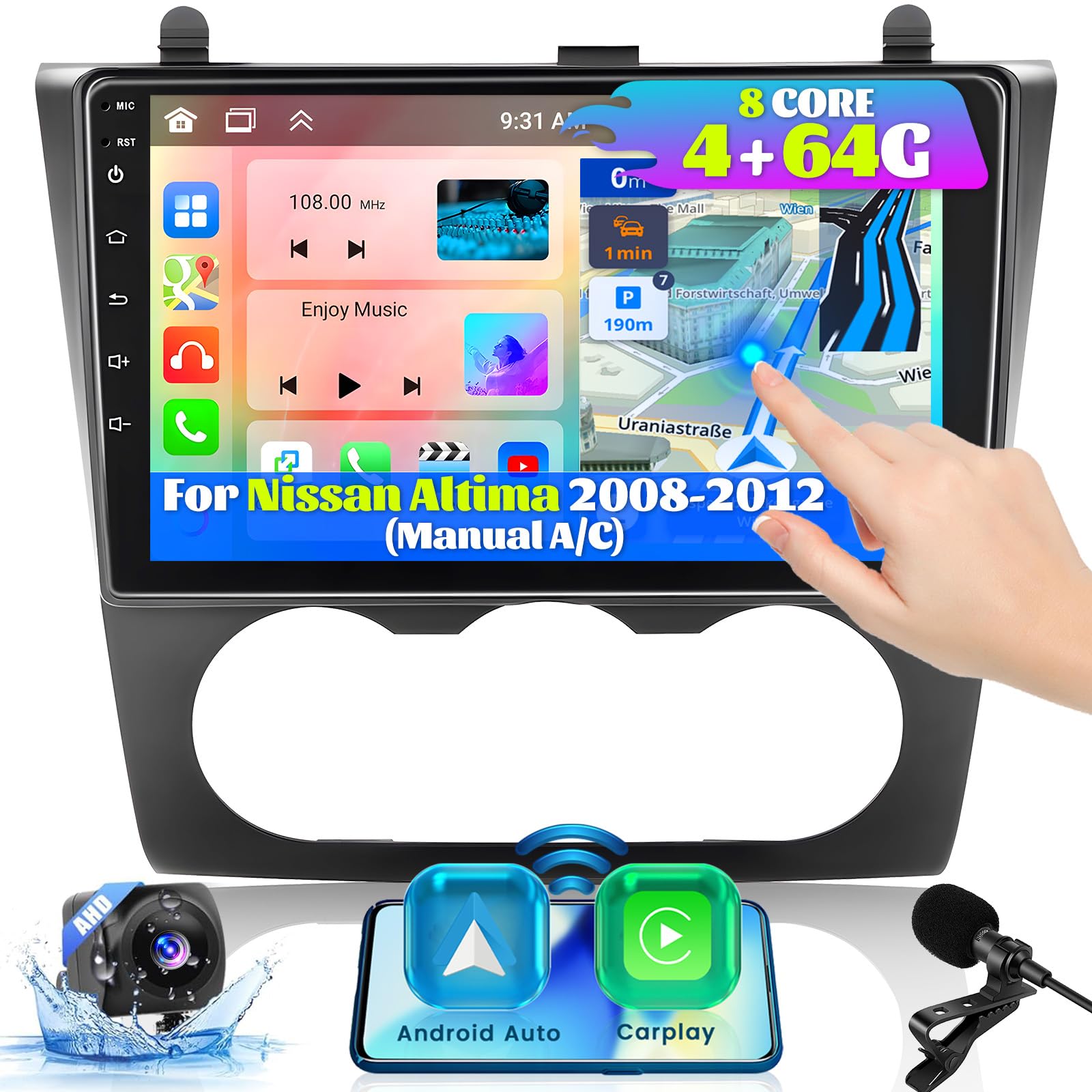 Fuluku?8 Core 4+64G? for Nissan Altima 2008-2012 Android 13 Car Stereo with Wireless Carplay Android Auto, 9" Touch Screen Radio GPS WiFi Bluetooth 32EQ DSP SWC, AHD Backup Camera Mic