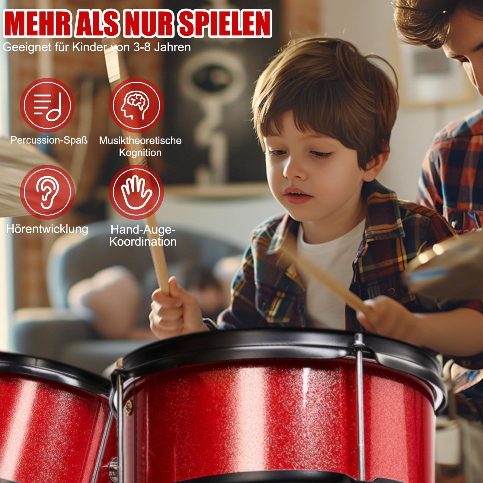 LEADZM Set di percussioni per bambini dai 3 anni in su, con sgabello, pedale per grancassa e 2 bacchette, bacino, Tom e rullante (rosso)
