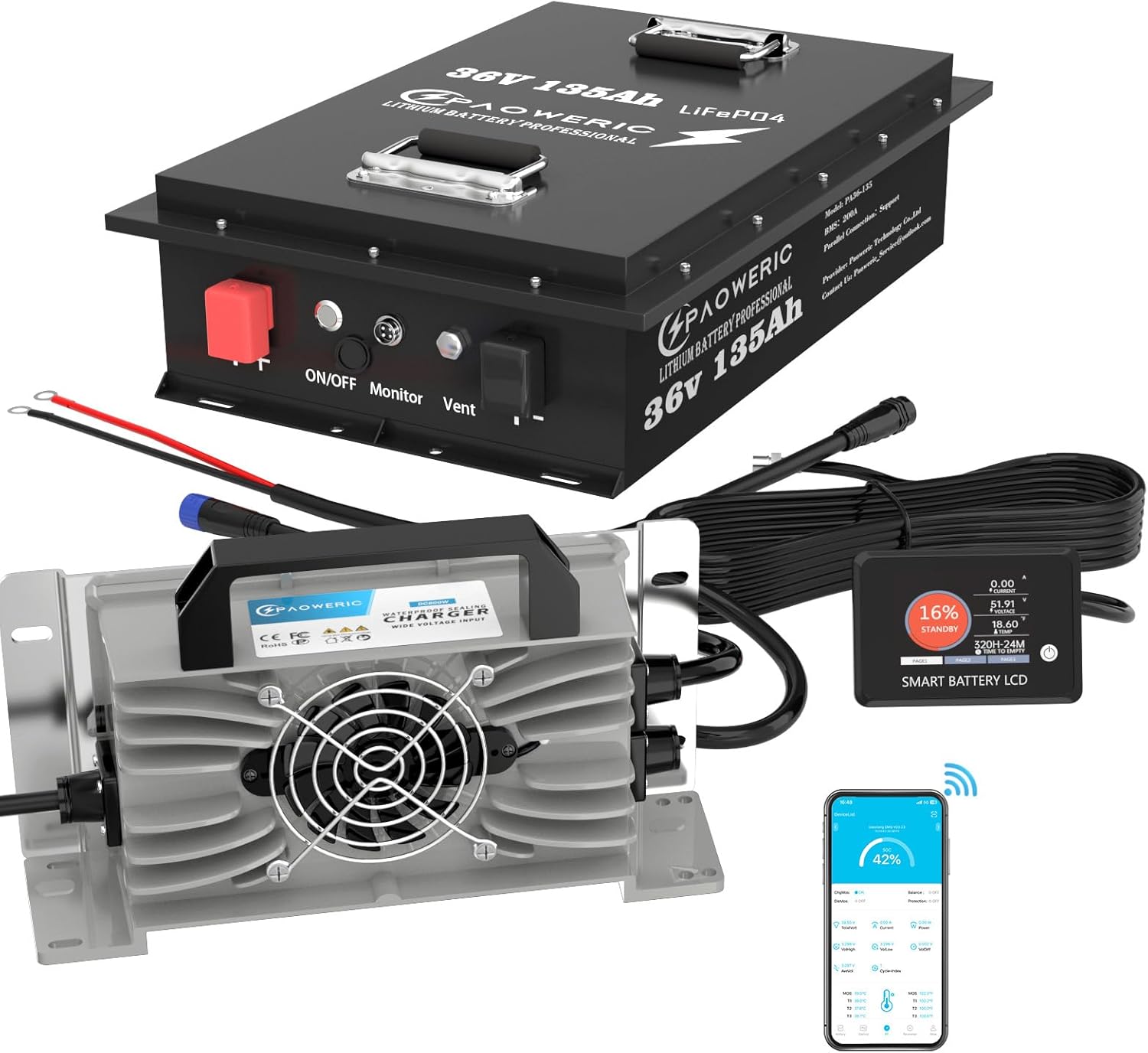 36V 135Ah LiFePO4 Lithium Battery with Charger, Built-in Smart 200A BMS, with LCD Monitor and APP, Max.7680KW Power Output, Perfect for Golf Cart, Trolling Motor, Off Grid