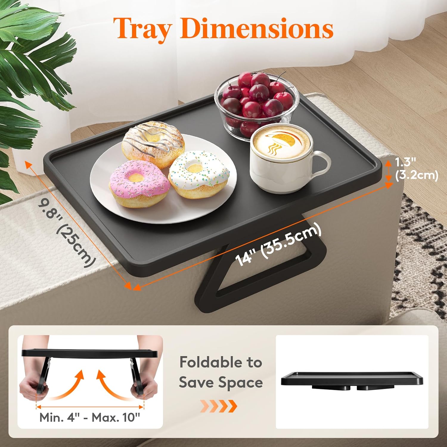 Lifewit Plastic Rotating Couch Armrest Table, Adjustable Sofa Arm Clip Holder Tray for Snack/Fast Food/Fruit/Drink, Large Foldable Stable Sofa Table with Reinforced Clamp, Black