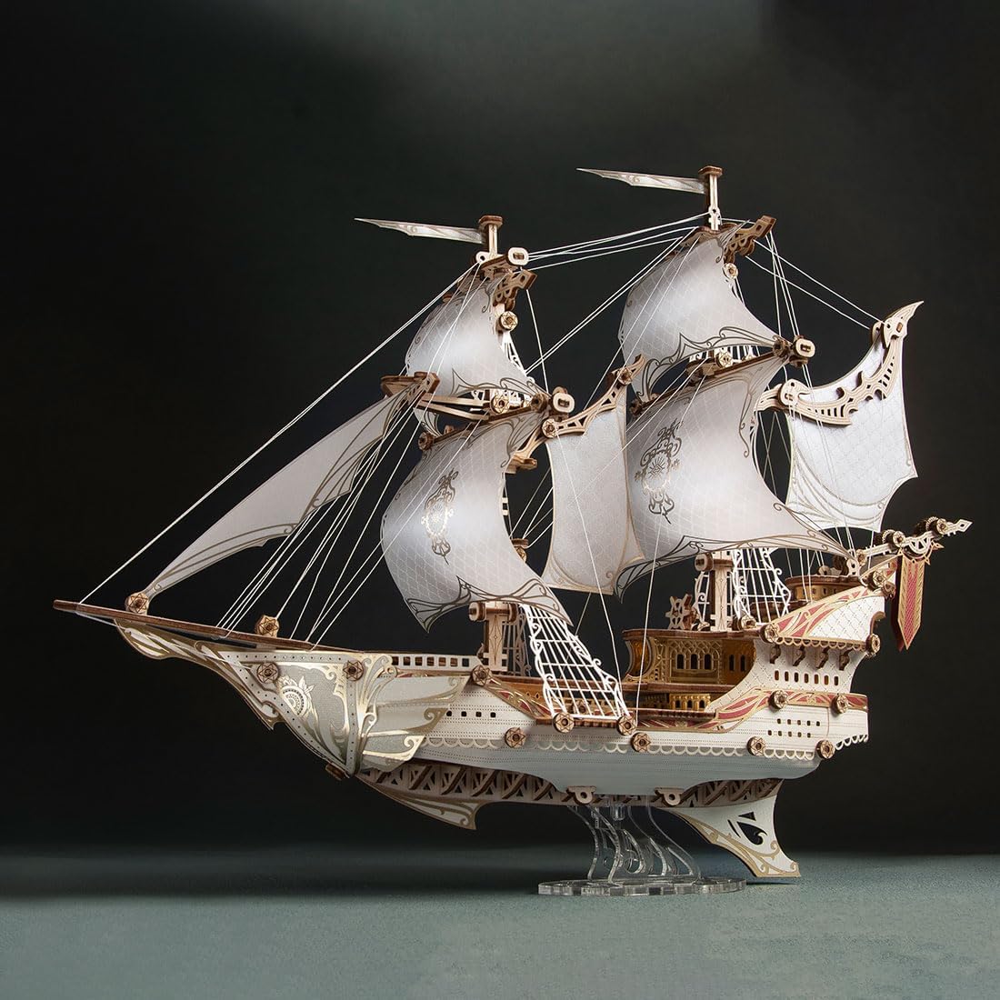 3D DIY Victorian-Style Wooden Fairy Ship Detailed Assembly Model Kit (White/386 Pieces) — Twin-masted Warship Layout with A Four-Deck Stern Castle