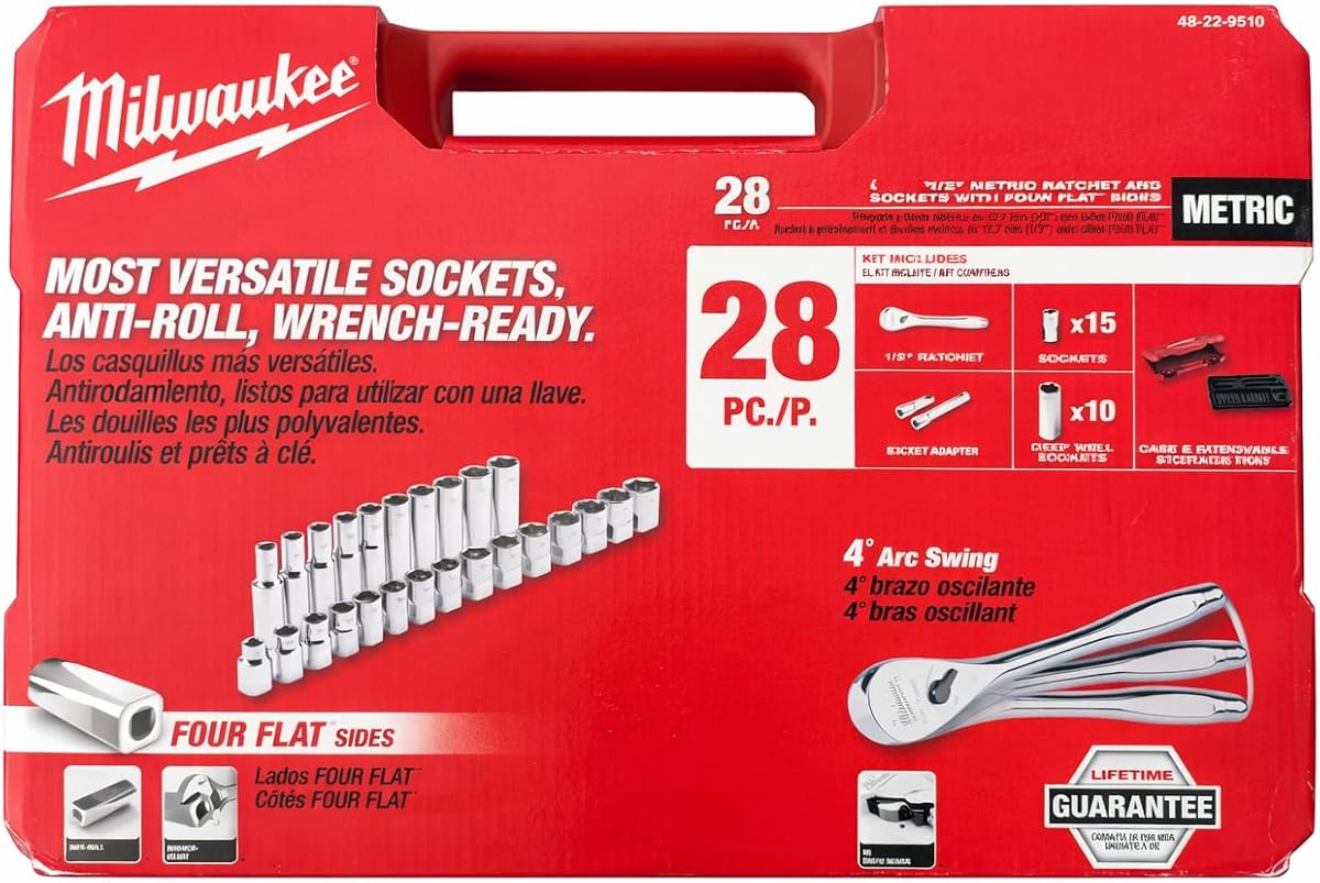 Milwaukee 45-22-9510 Juego de llaves de vaso y trinquete de 28 piezas con accionamiento de 1/2 pulgada, métrico